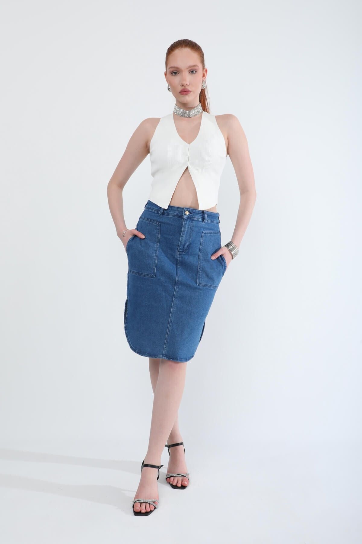 Bluewhite-Midi Length Lycra Blue Jean Skirt with Slit Detail 4