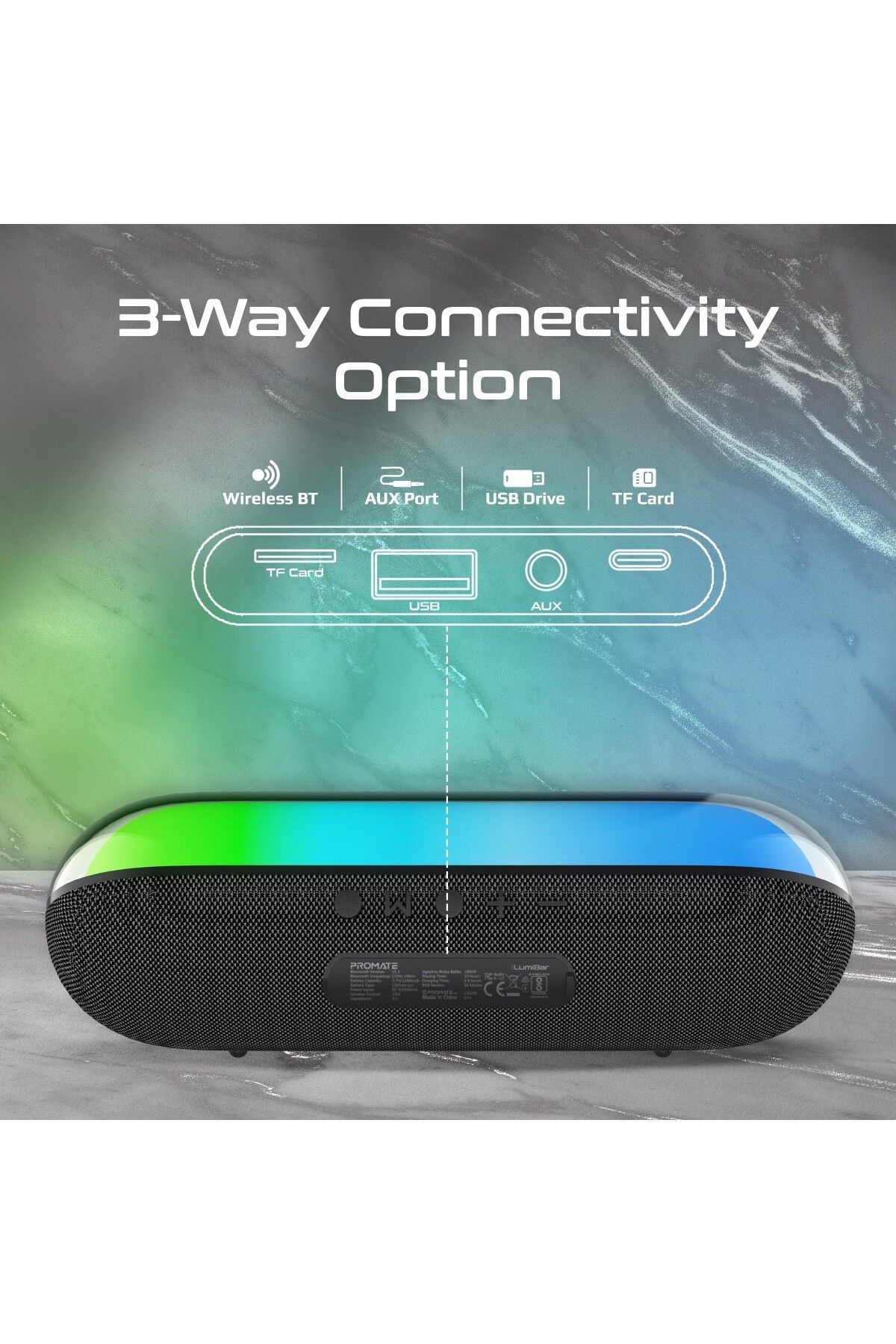 Promate-Bluetooth Speaker Wireless Portable HD with RGB Lights, Long Playtime, USB Port and TF Card Slot 4