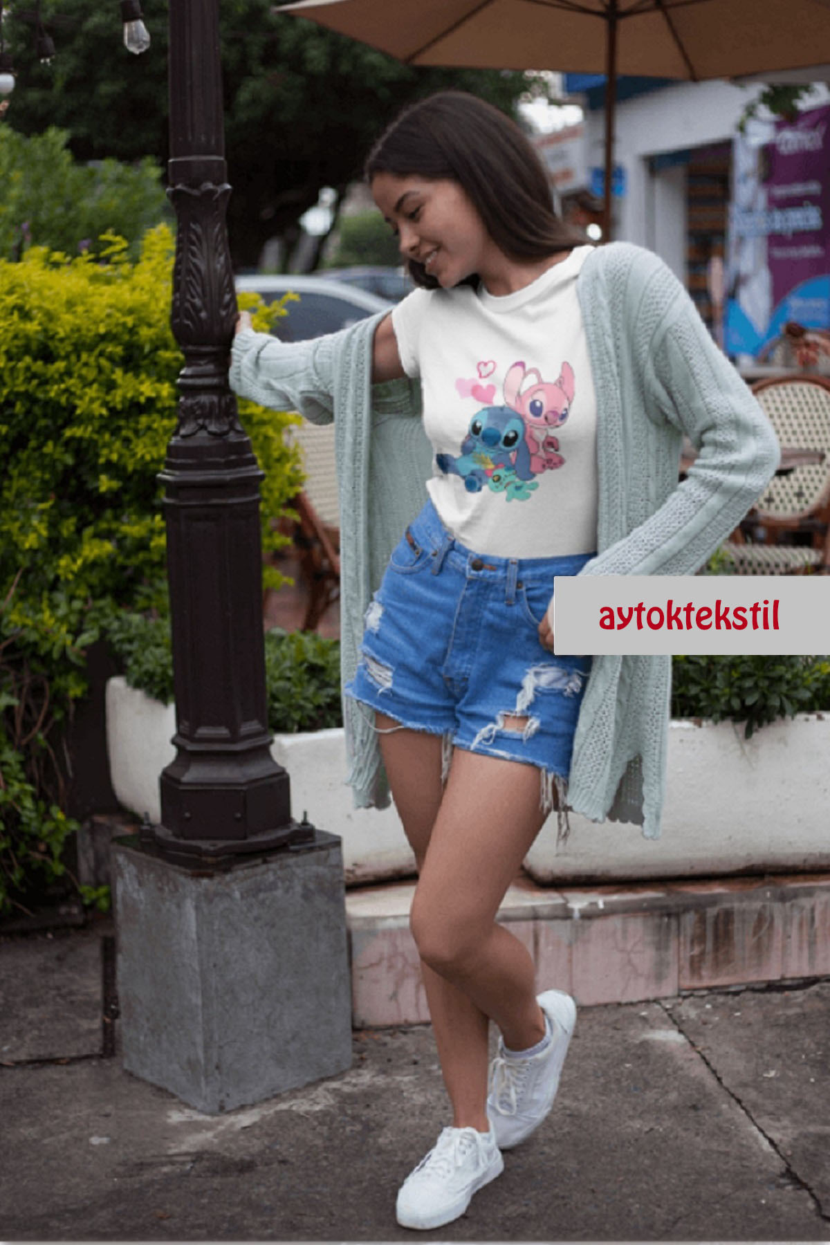makiteks-Γυναικείο μπλουζάκι με στάμπα Lilo Stitch Unisex Oversize Crew Neck Λευκό Μαύρο Γκρι 2