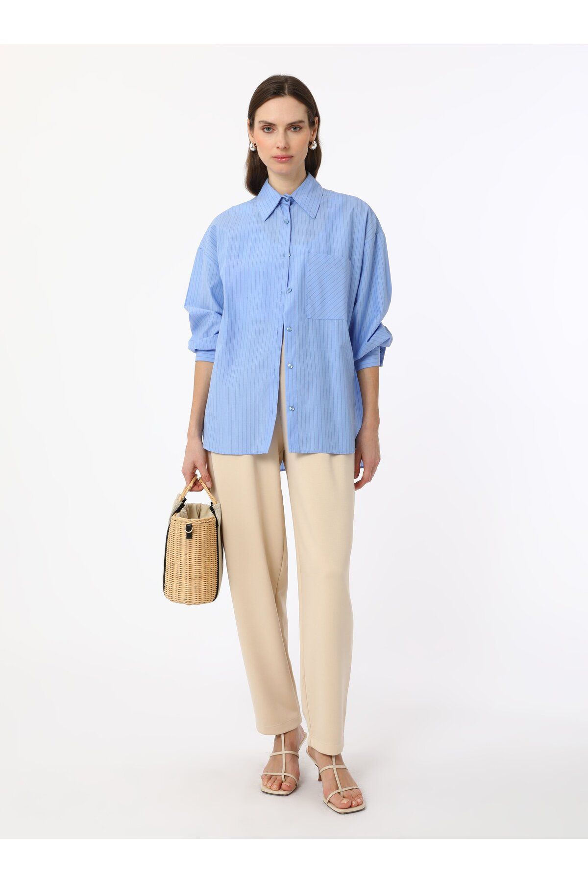 Refka-Soft Textured High Waist Trousers with Pleat Detail on the Front - Stone Color - 3