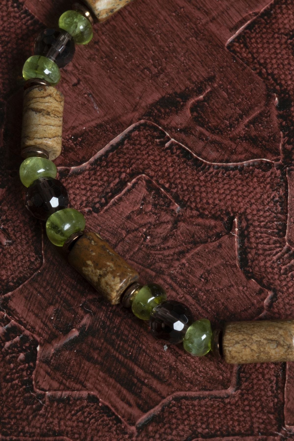 Saff Doğal Taş-Certified Natural Cylindrical Cut Jasper, Facet Smoky Quartz & Zebercet (Peridot) Bracelet 2