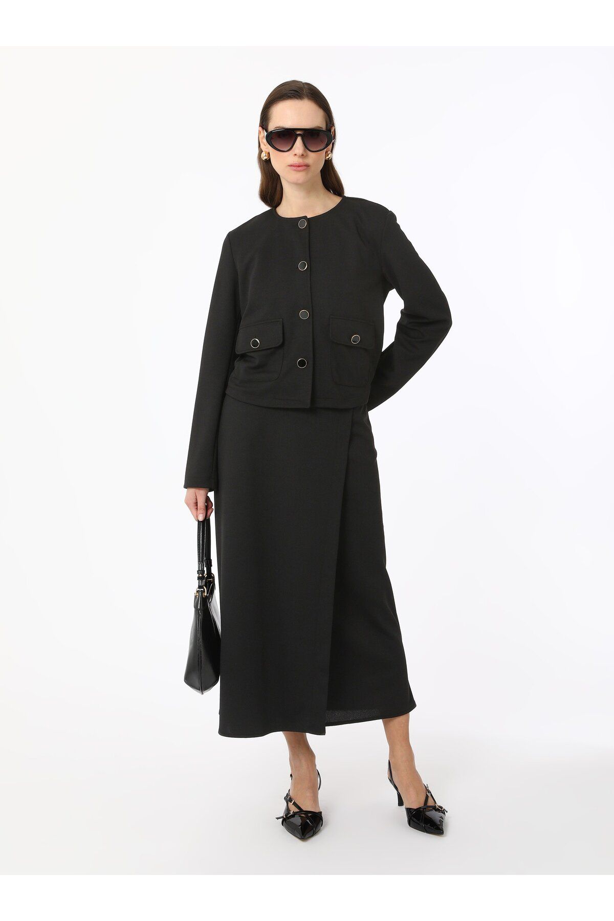 Refka-Jkrep Fabric Button Detailed Pocket Jacket & Skirt Set - Black - Refka 1