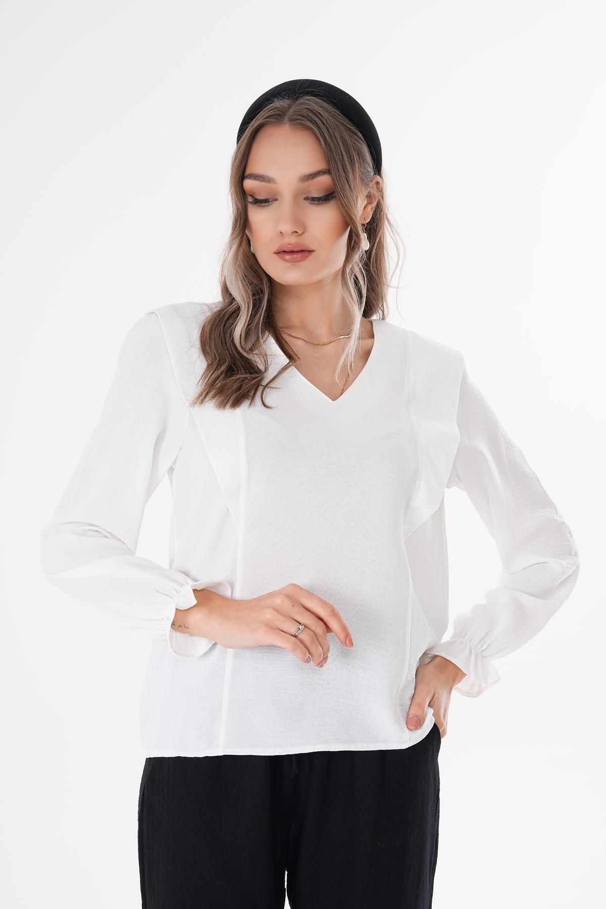 ŞİMAL-Women's Shoulder Split Sleeve Rubber Detailed V-Neck Blouse 250192   - 4