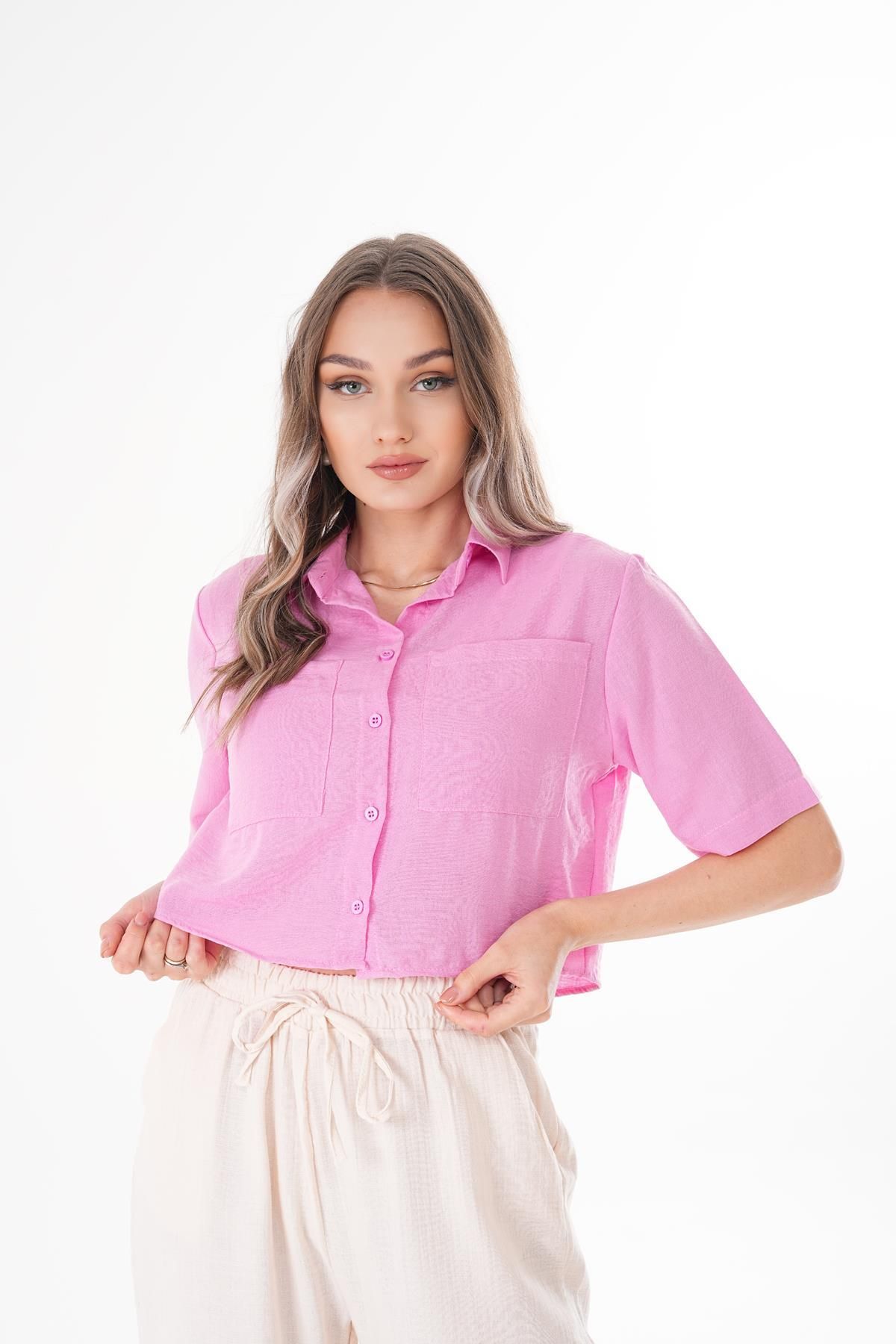 ŞİMAL-Women's Double Pocket Oversie Short Linen Shirt 250135   - 2