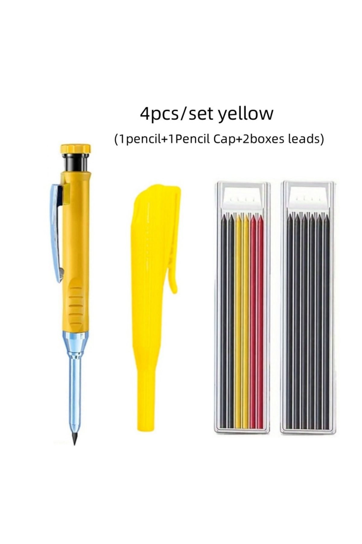 MROOFUL-yellow set 2.8mm Solid Carpenter Pencil with Pencil Cap, Deep Hole Mechanical Pencil with Built in S 1