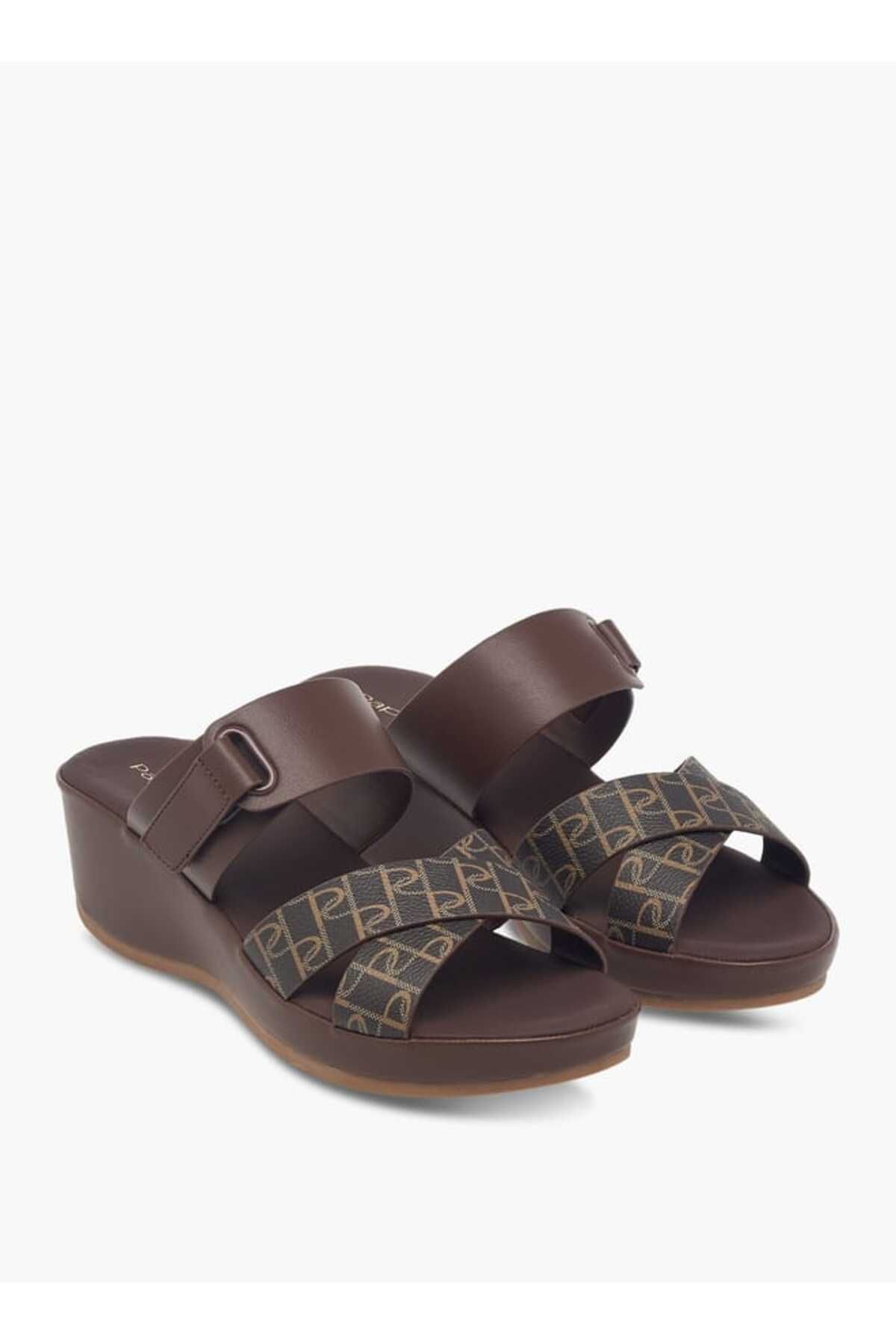 Paprika-Monogram Print Slip-On Cross-Strap Sandals with Wedge Heel 1