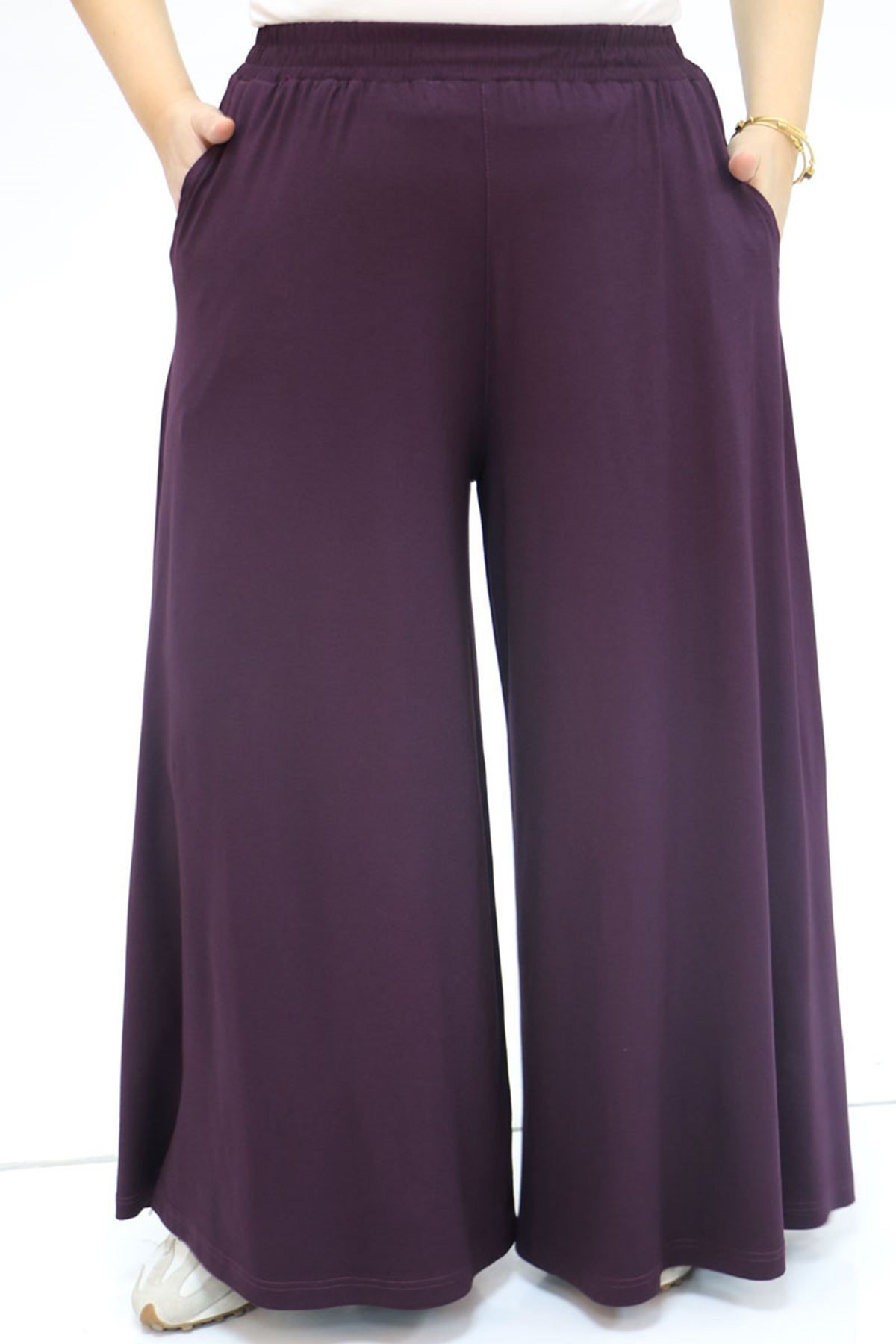 Eslina-49003 Plus Size Elastic Waist Combed Cotton Trouser Skirt - Purple 1