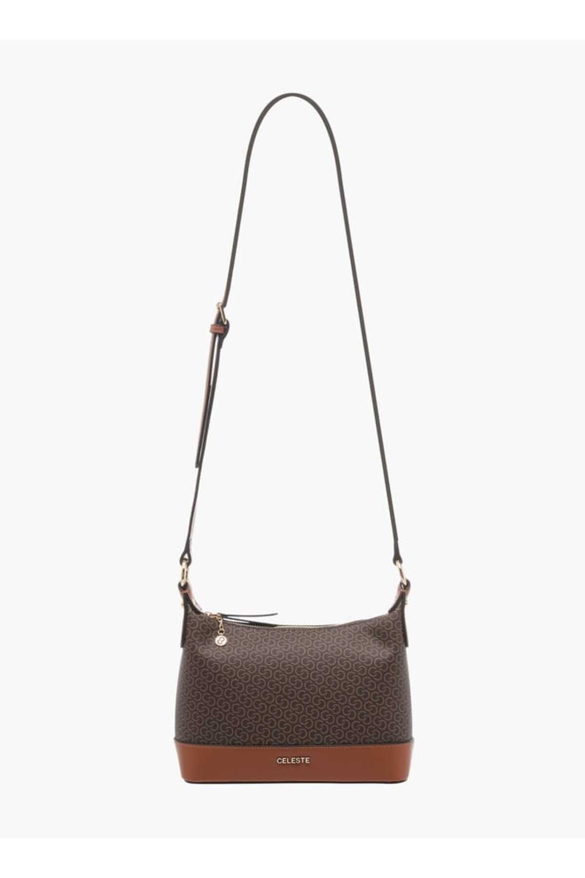 Celeste-Monogram Print Shoulder Bag with Adjustable Strap and Zip Closure 2