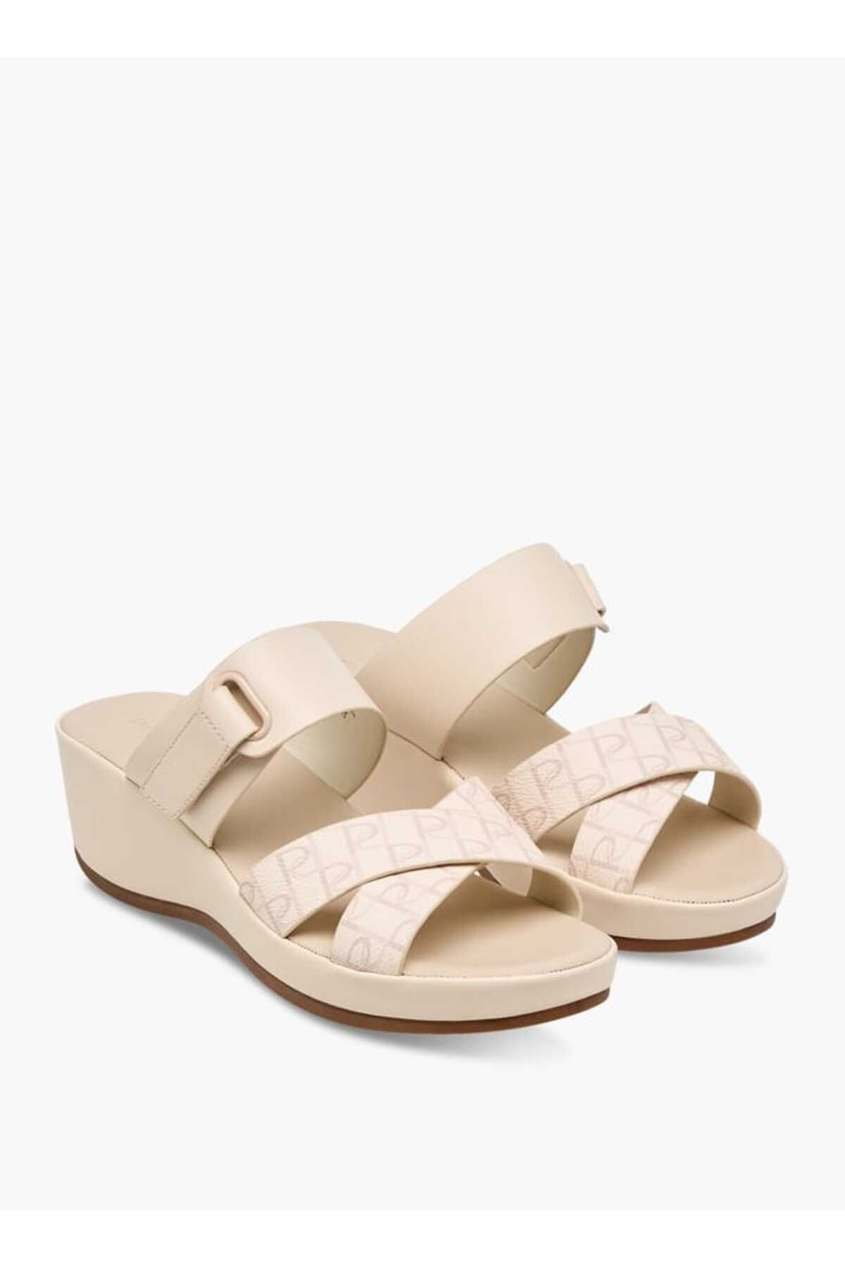 Paprika-Paprika Monogram Print Slip-On Cross-Strap Sandals with Wedge Heel 1