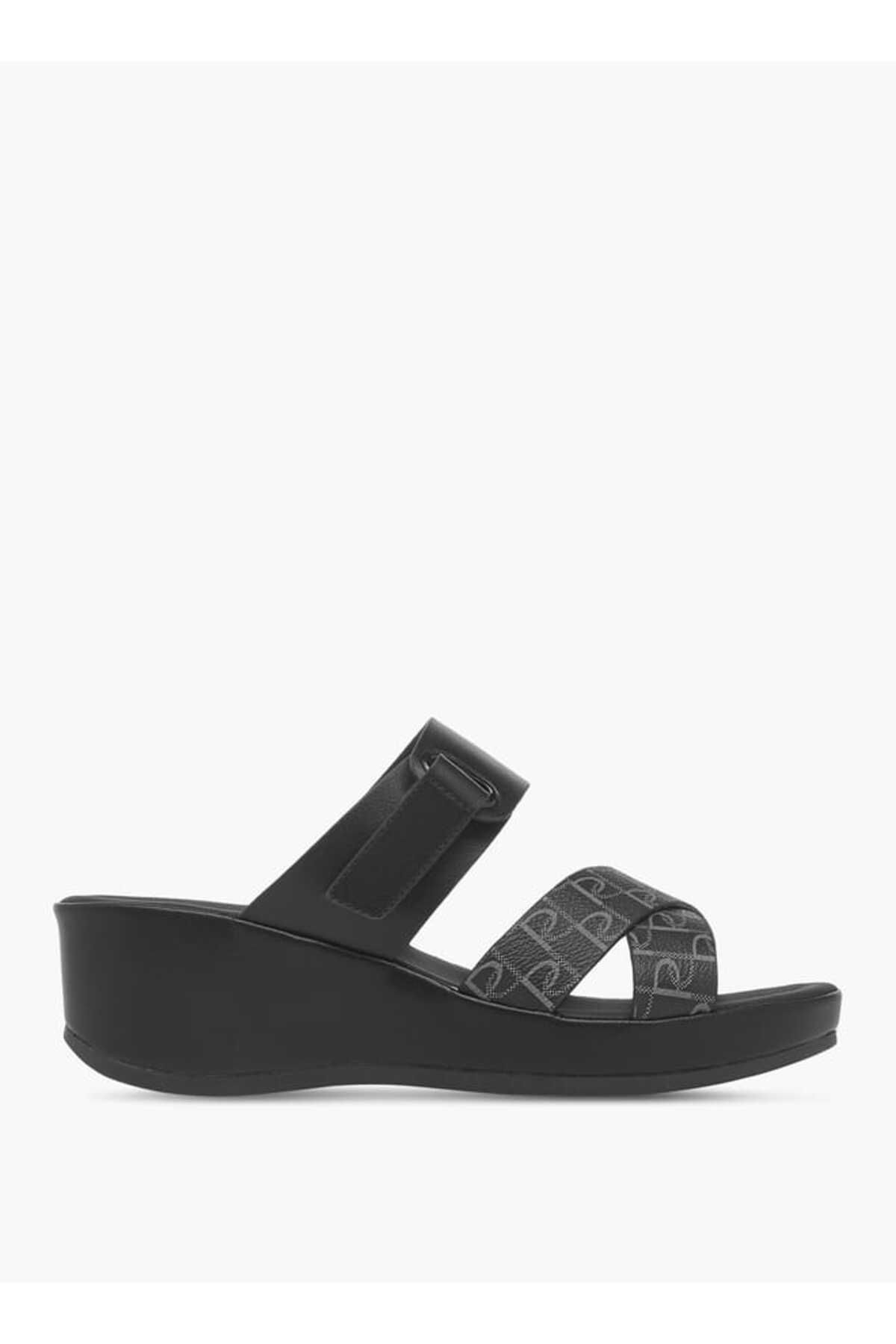 Paprika-Monogram Print Slip-On Cross-Strap Sandals with Wedge Heel 3