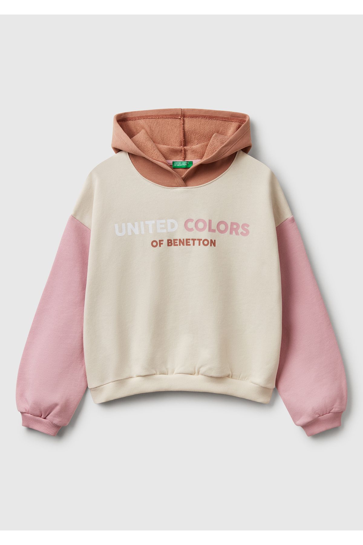 United Colors of Benetton-سويت شيرت بغطاء للرأس مطبوع عليه شعار بينيتون باللون البيج للفتيات 1