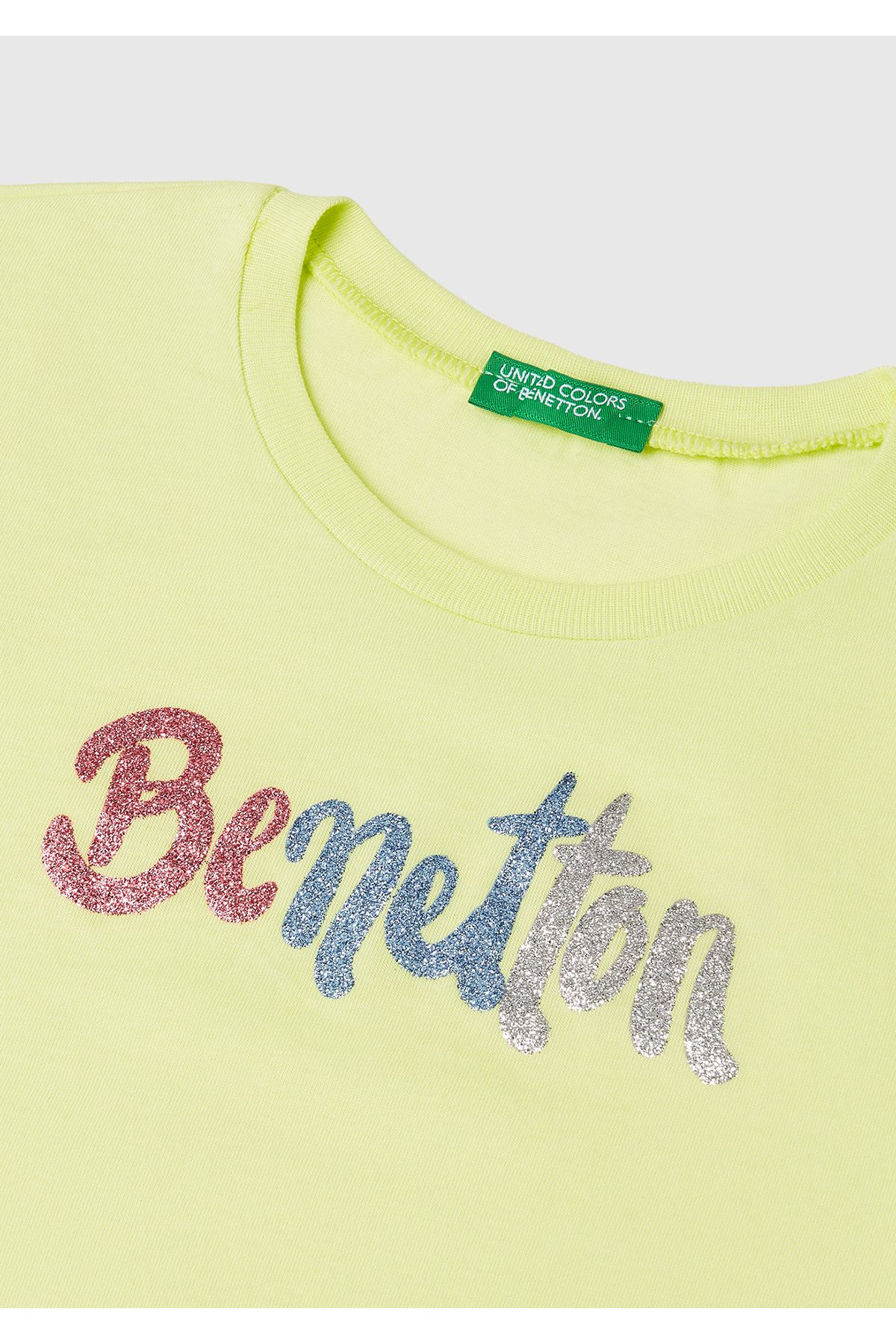 United Colors of Benetton-Girl's Yellow Glitter Logo Printed T-Shirt 3