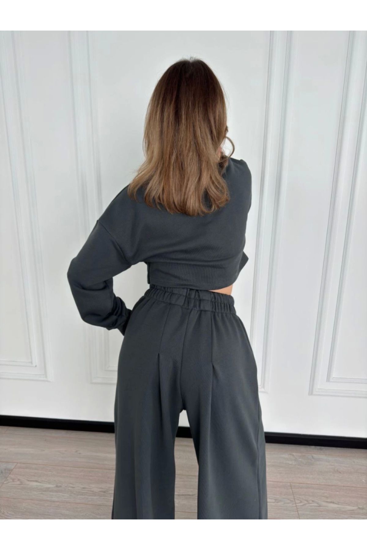 Aemido-Long Sleeve Front Drawstring Crop and Trousers Double Set - Anthracite 3