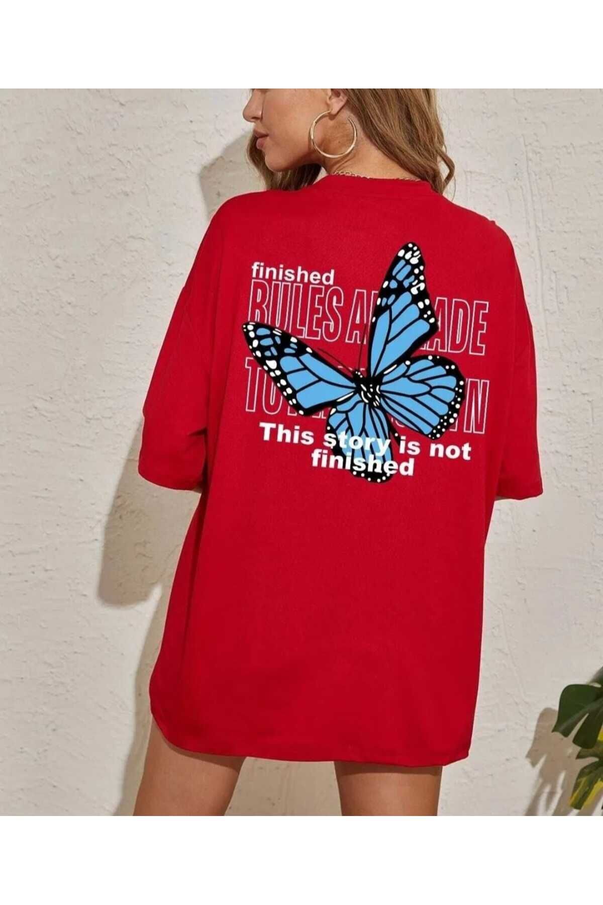 KOZİA OUTDOORS-Malkoçbey Blue Back Butterfly Printed Oversized Unisex Basic T-Shirt 1