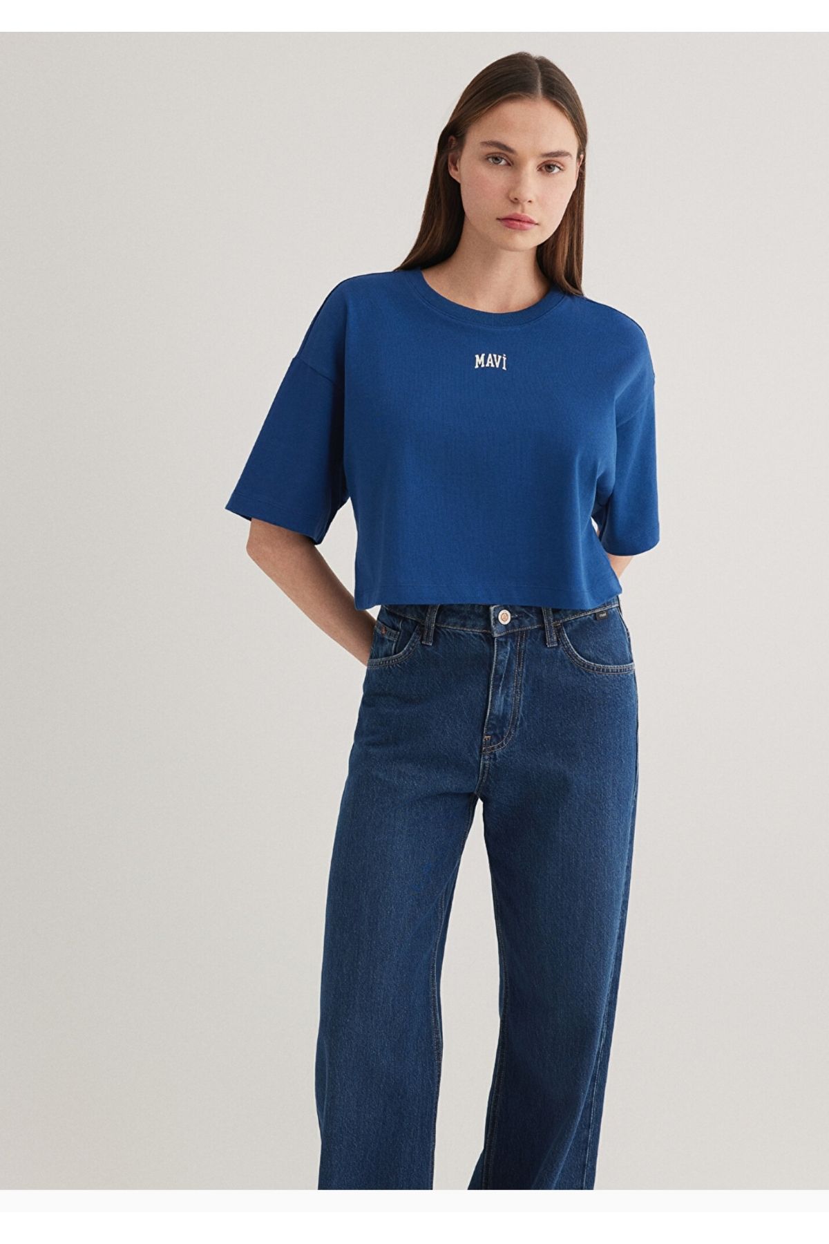 Mavi-Navy Blue Crop T-Shirt with Logo Print 2