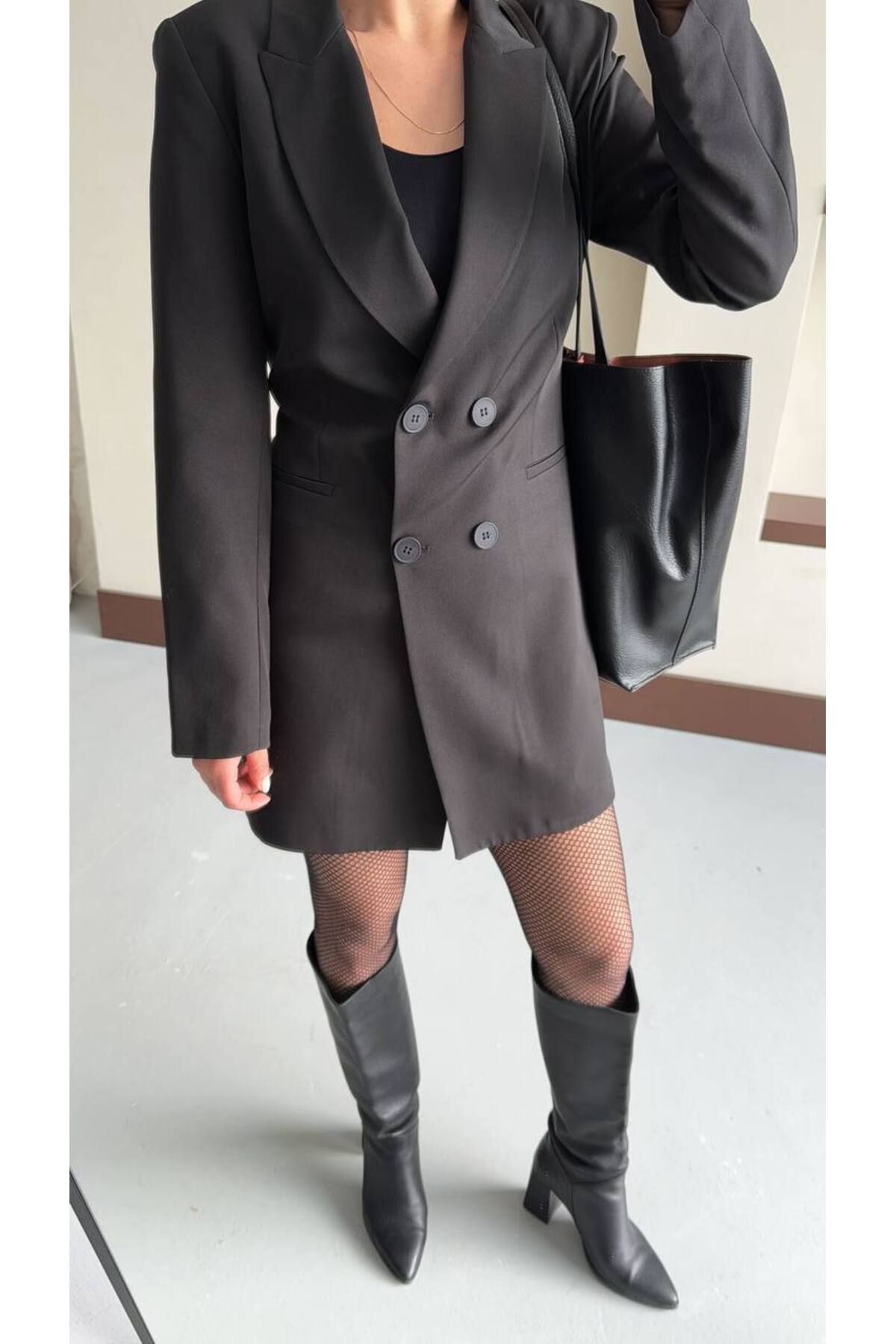 WEAR AND WEAR-Women's Black Button Padded Shawl Collar Jacket Dress Lined Business Blazer Coat Dress 2