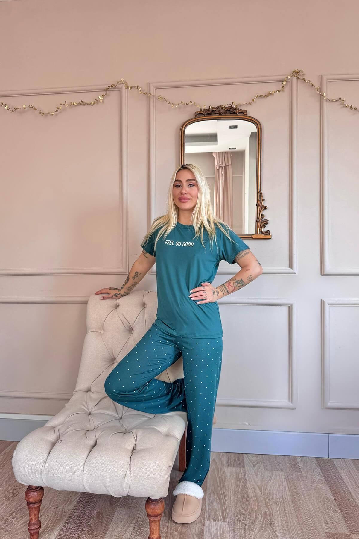Pijamaevi-Petrol Feel Patterned Bamboo Short Sleeve Women's Pajamas Set 6