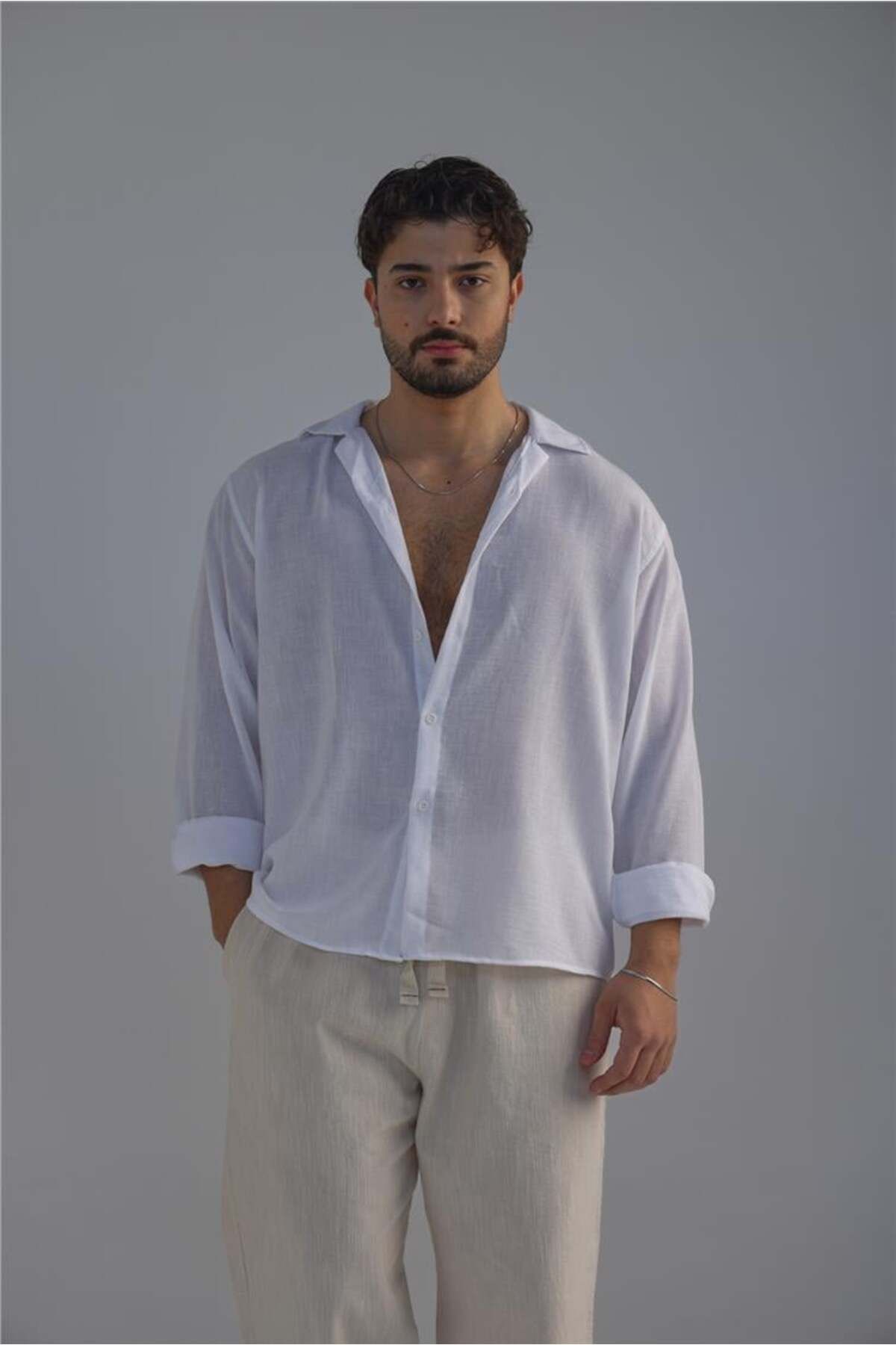 OUTFİT MAN-Men's Non Iron Oversize Shirt White 3