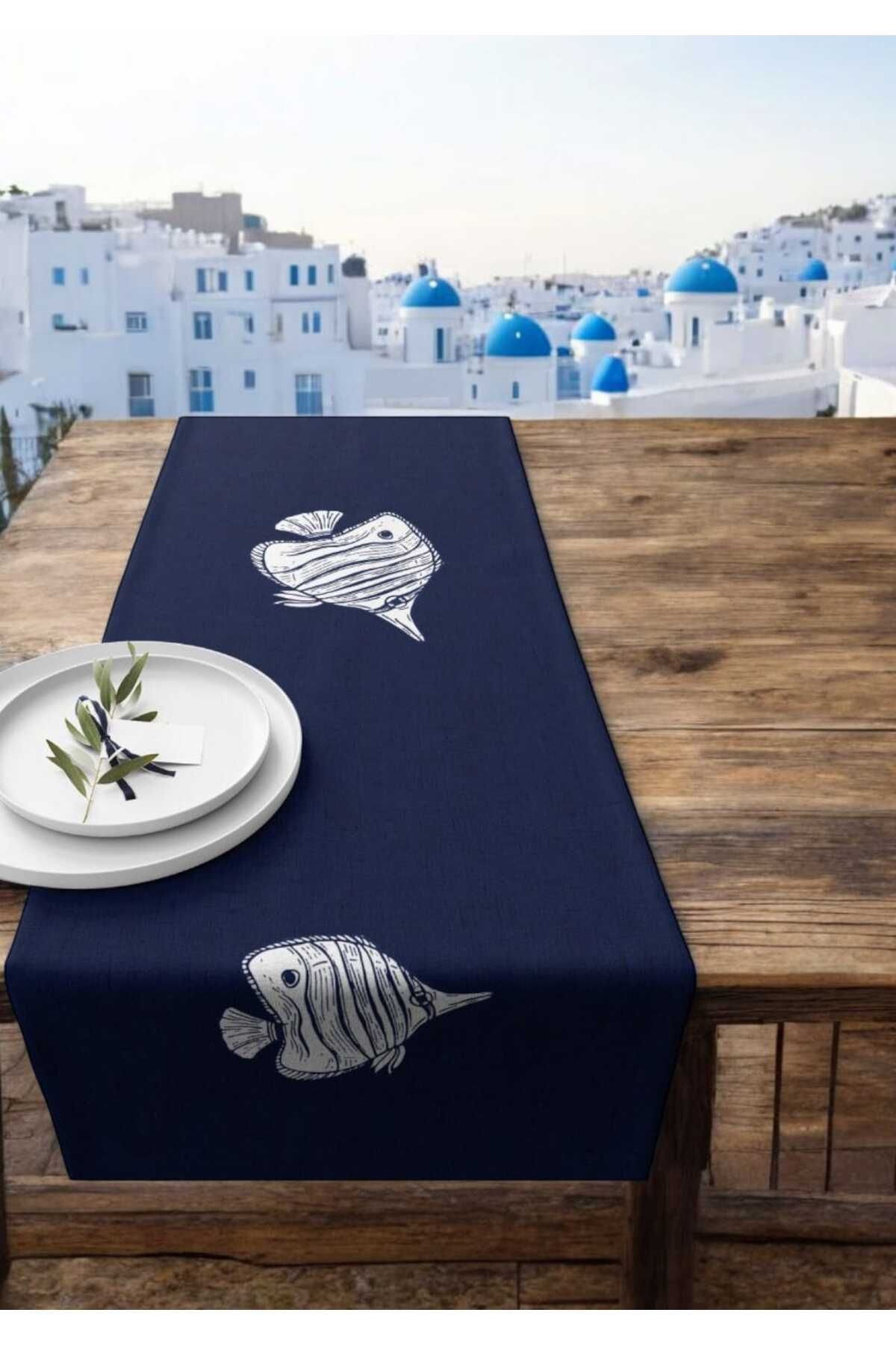 LUX VIE-40*140 cm Marine Patterned - Thick Linen Woven Tablecloth Runner 2