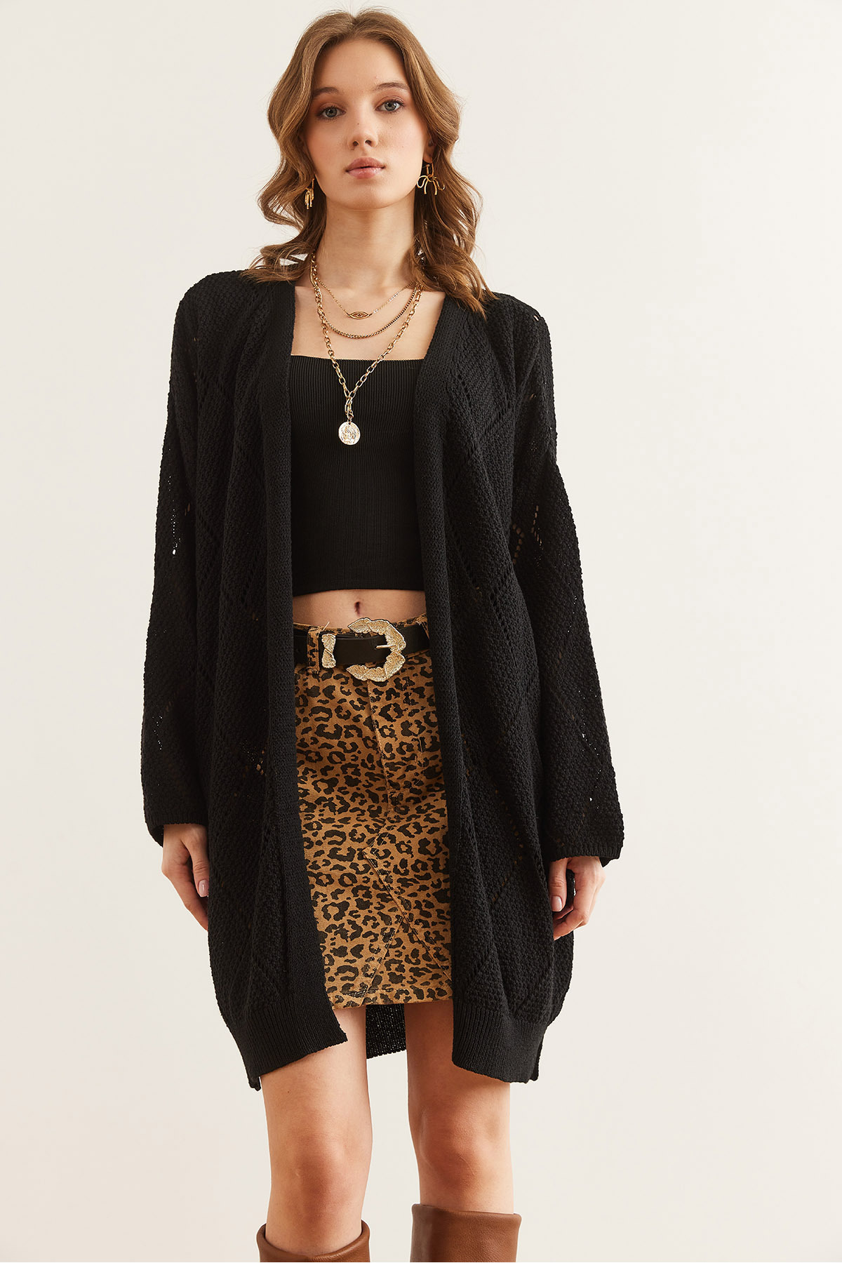 Olalook  Kadın Siyah Ajurlu Uzun Triko Hırka HRK-19000342 - Görsel 4