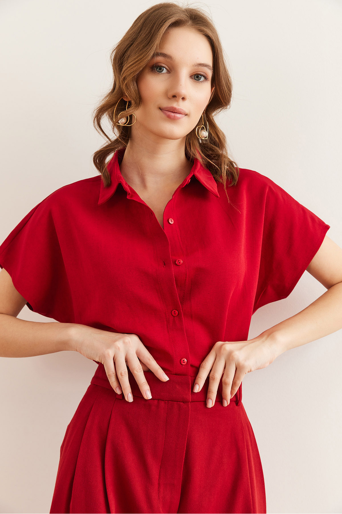 Olalook  Kadın Bordo Yarasa Oversize Keten Gömlek GML-19001109 - Görsel 6