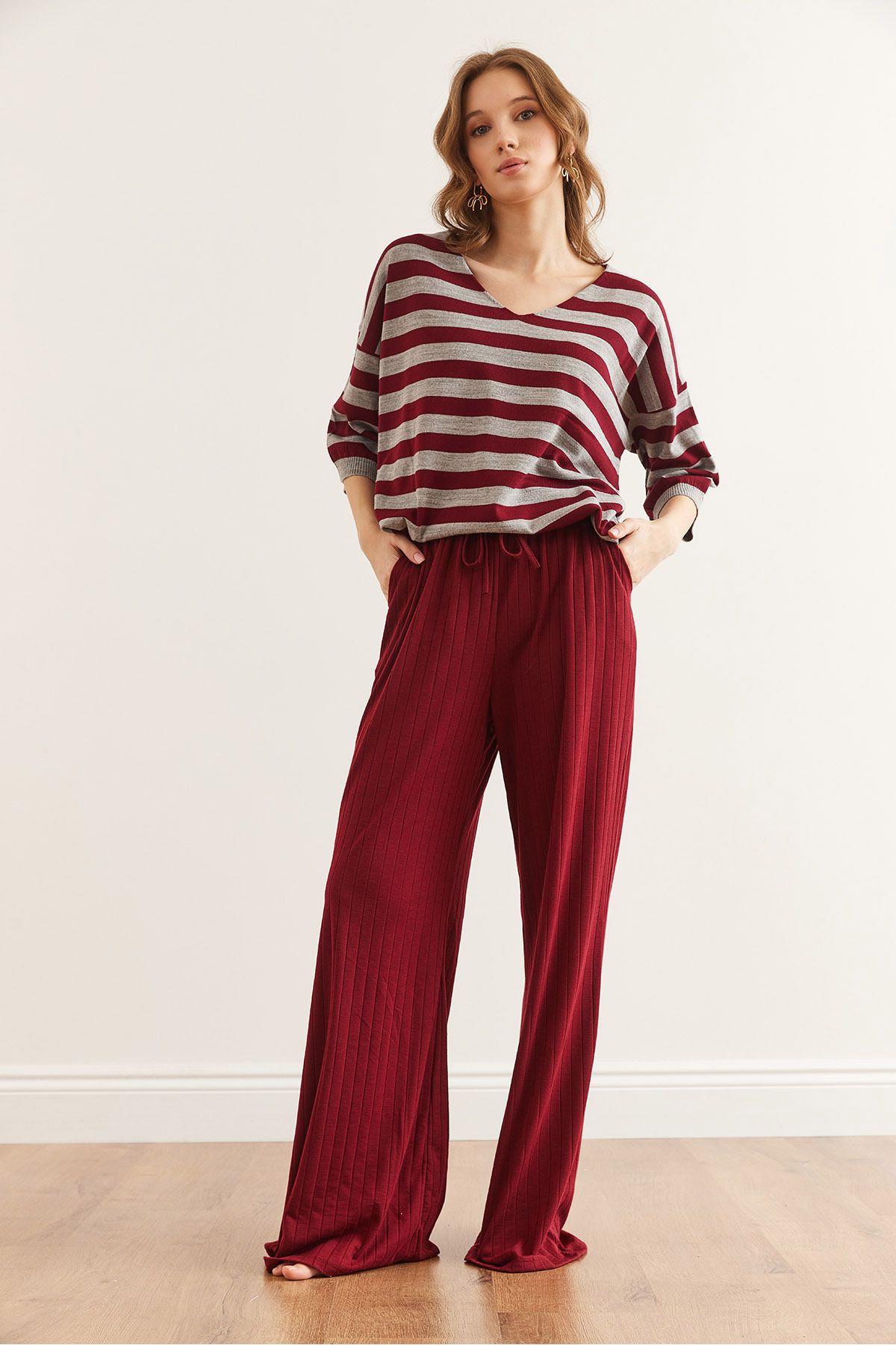 Olalook-Pantaloni de pijama groși cu nervuri burgundy - PJMA lejer cu șireturi și buzunare- 0000003 3
