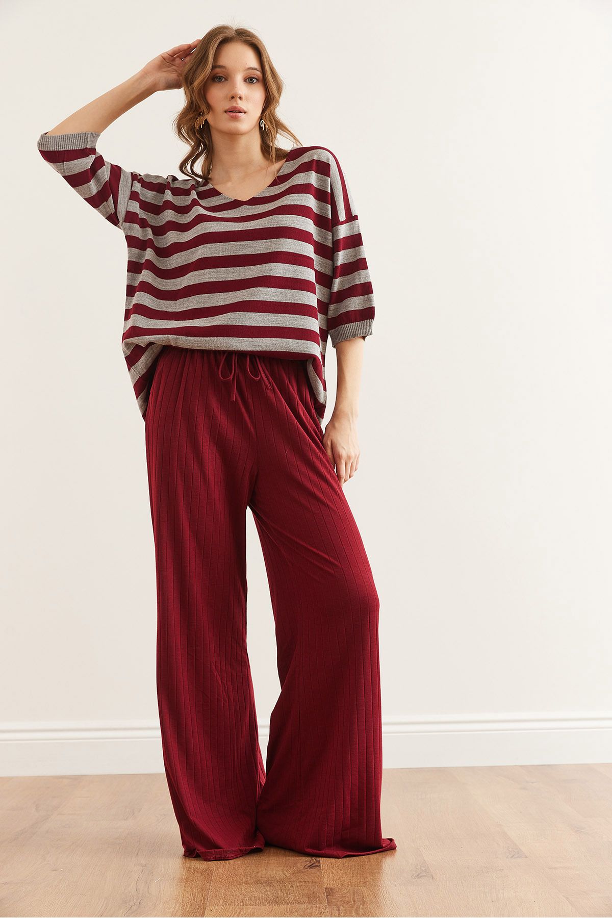 Olalook-Pantaloni de pijama groși cu nervuri burgundy - PJMA lejer cu șireturi și buzunare- 0000003 5