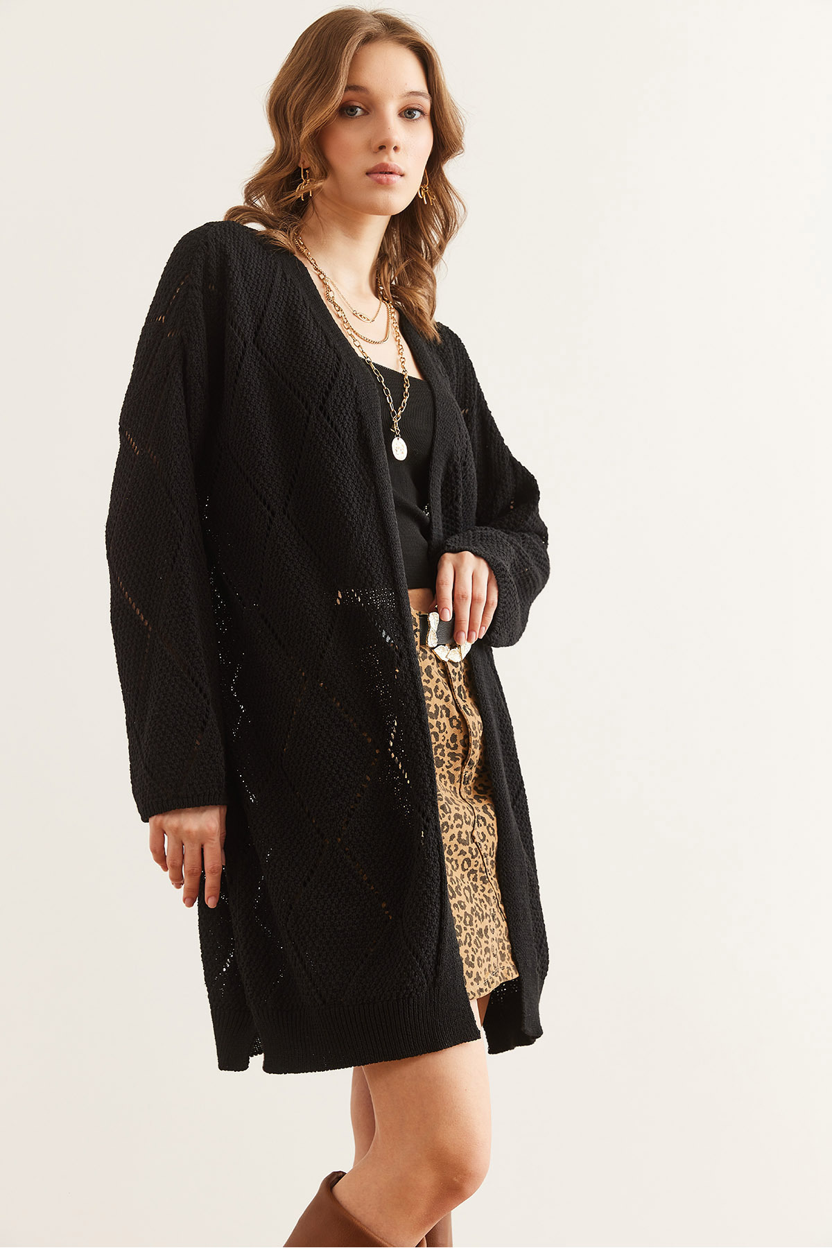 Olalook  Kadın Siyah Ajurlu Uzun Triko Hırka HRK-19000342 - Görsel 2