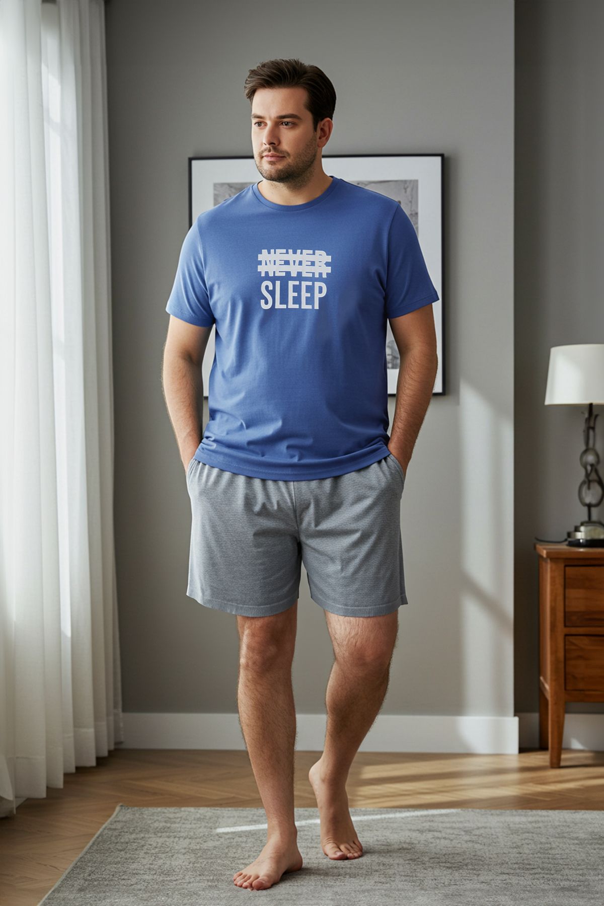 Trendyol Collection Piżama W Dużym Rozmiarze Z Niebieskimi, Regularnymi, Dzianinowymi Szortami Tmnss25ai00003 Mężczyzna - 3XL