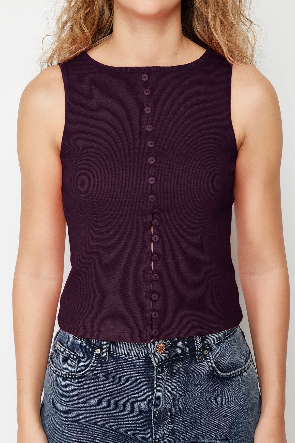 Trendyol Collection-Flexible Corded Plum Blouse - Buttons, Body-Sitting Twoss24Bz00306 4