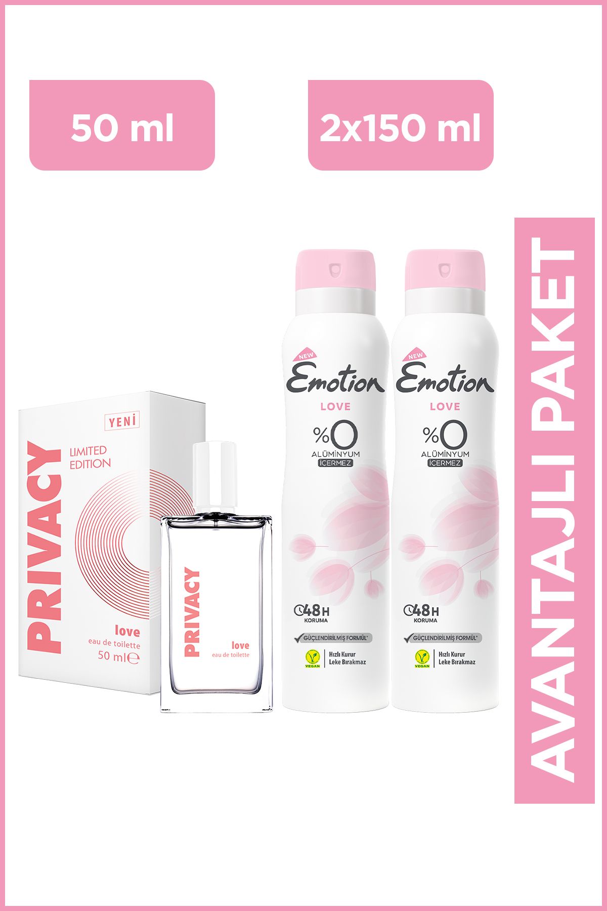 عطر زنانه Love Edt 50 میلی لیتر + دئودورانت زنانه Emotion Love 2x150 میلی لیتر Privacy