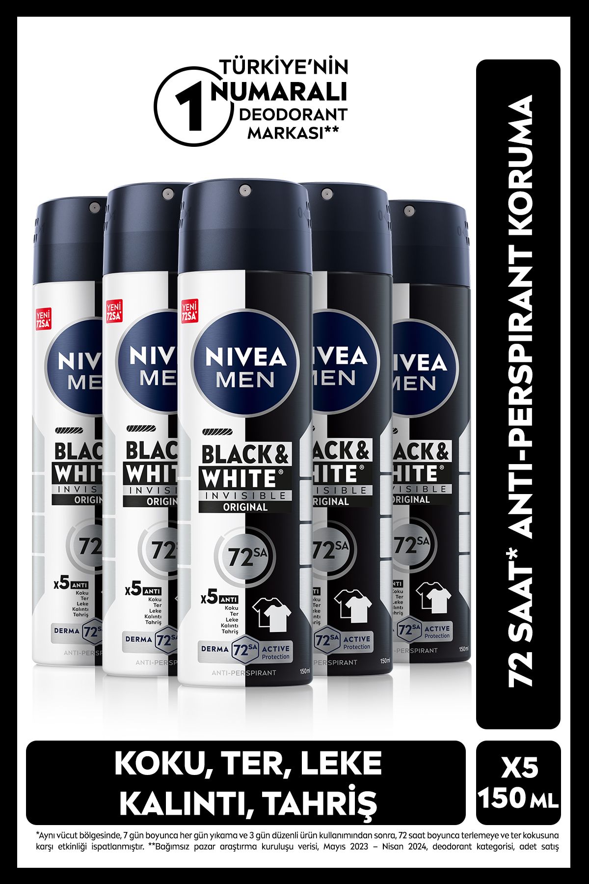 اسپری مردانه دئودورانت سیاه و سفید Invisible اصل 150 میلی لیتری، ضد تعریق 72 ساعته، X5 تکه NIVEA