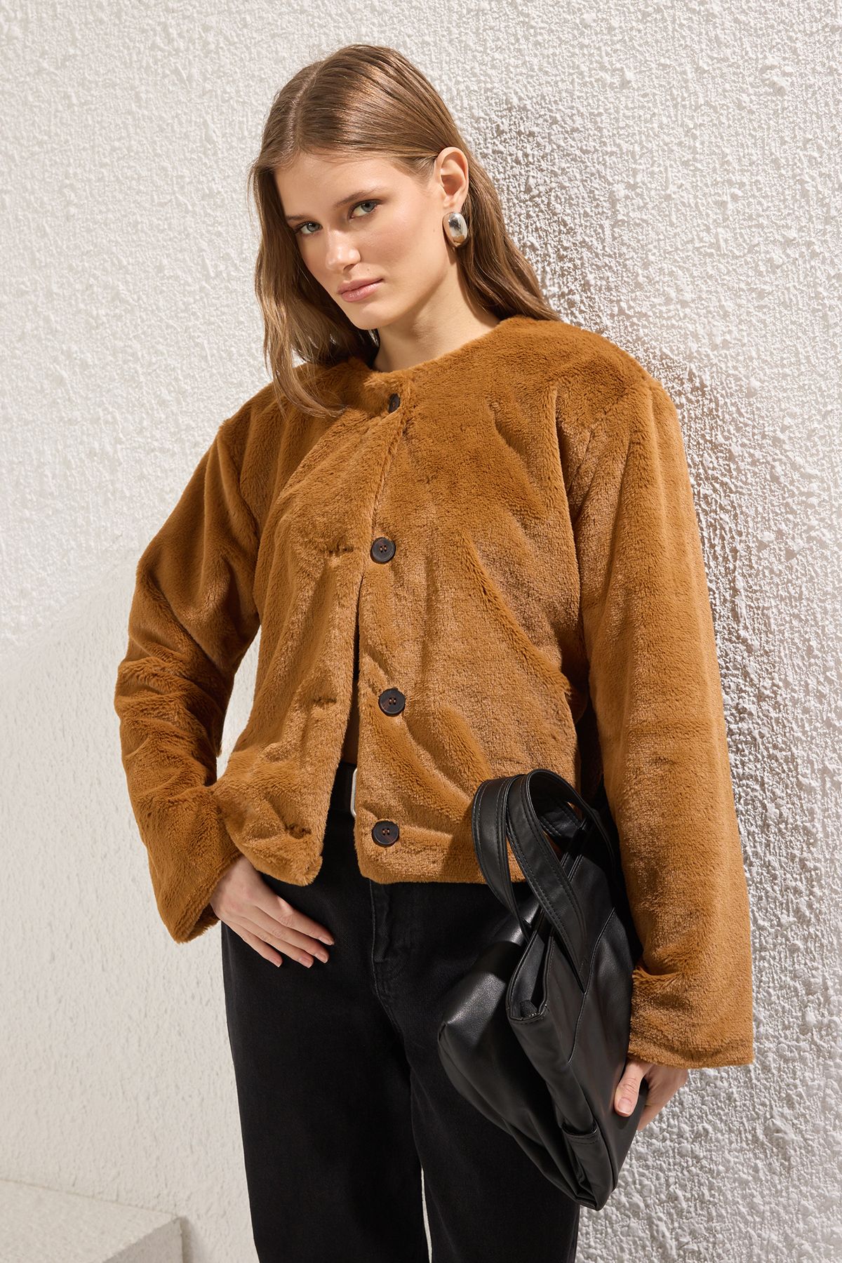 Trendyol Collection Kurtka Futrzana Camel Regular Kobieta - XS