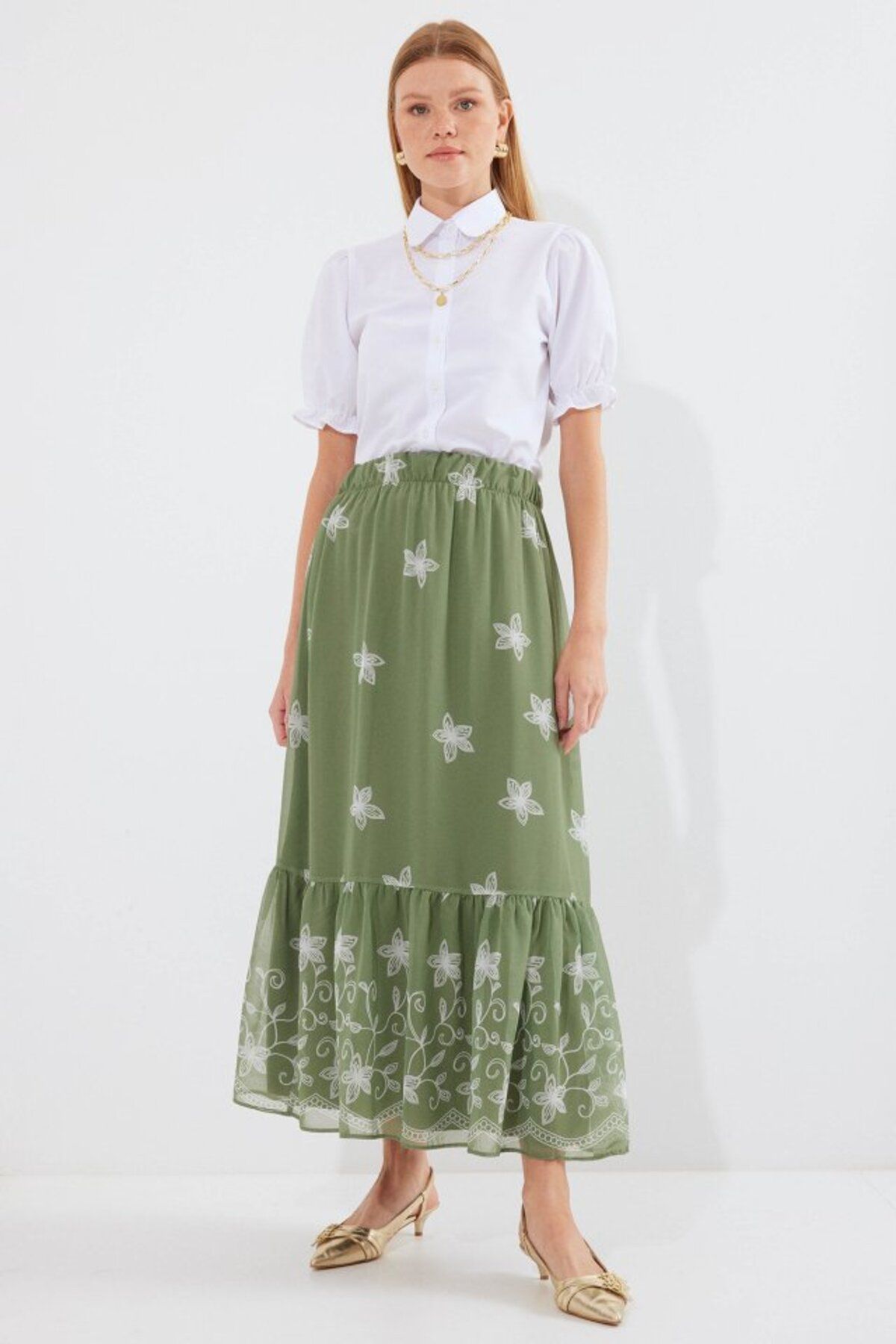 moda wanilia 8010 Desenli Şifon Etek - Haki