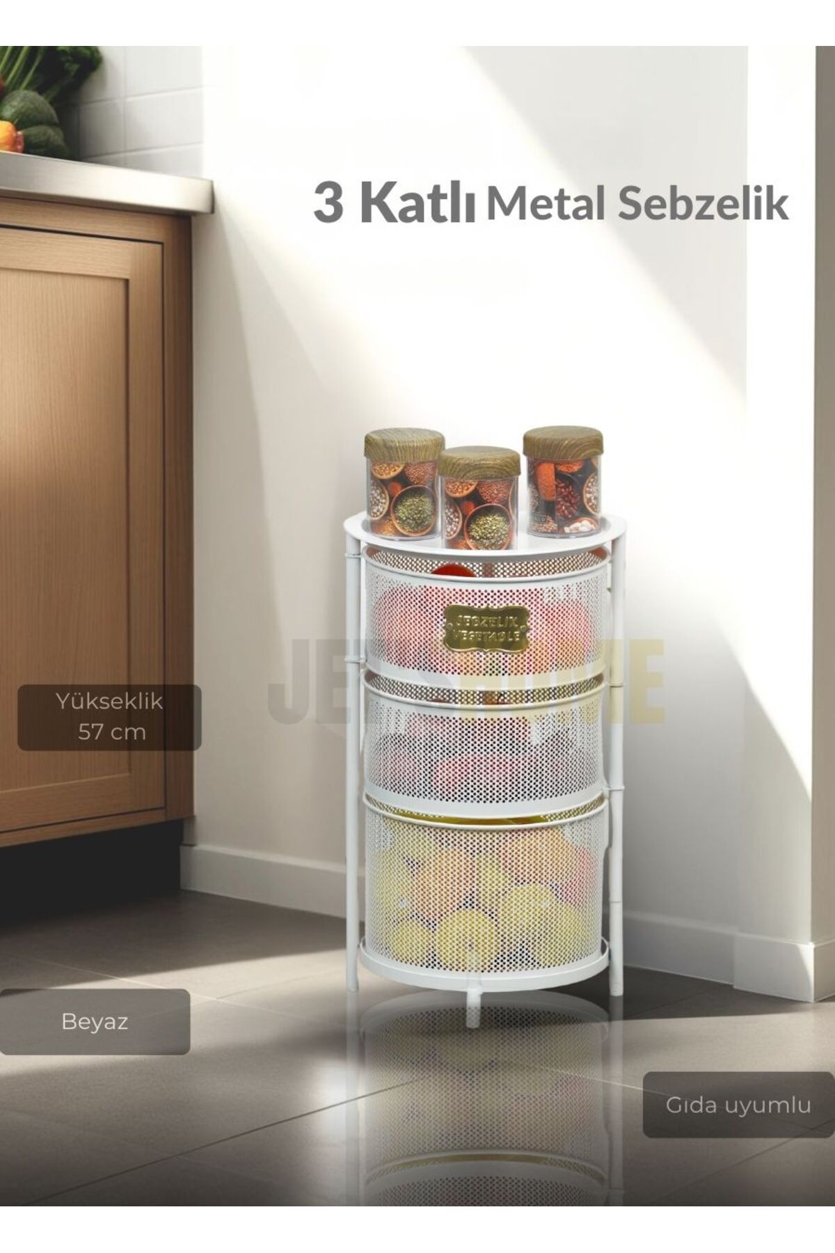 Jet's Home 3 Katlı Sebzelik Açılır Metal Patates Soğan Sepeti Paslanmaz Meyvelik Organizer Sepet Beyaz