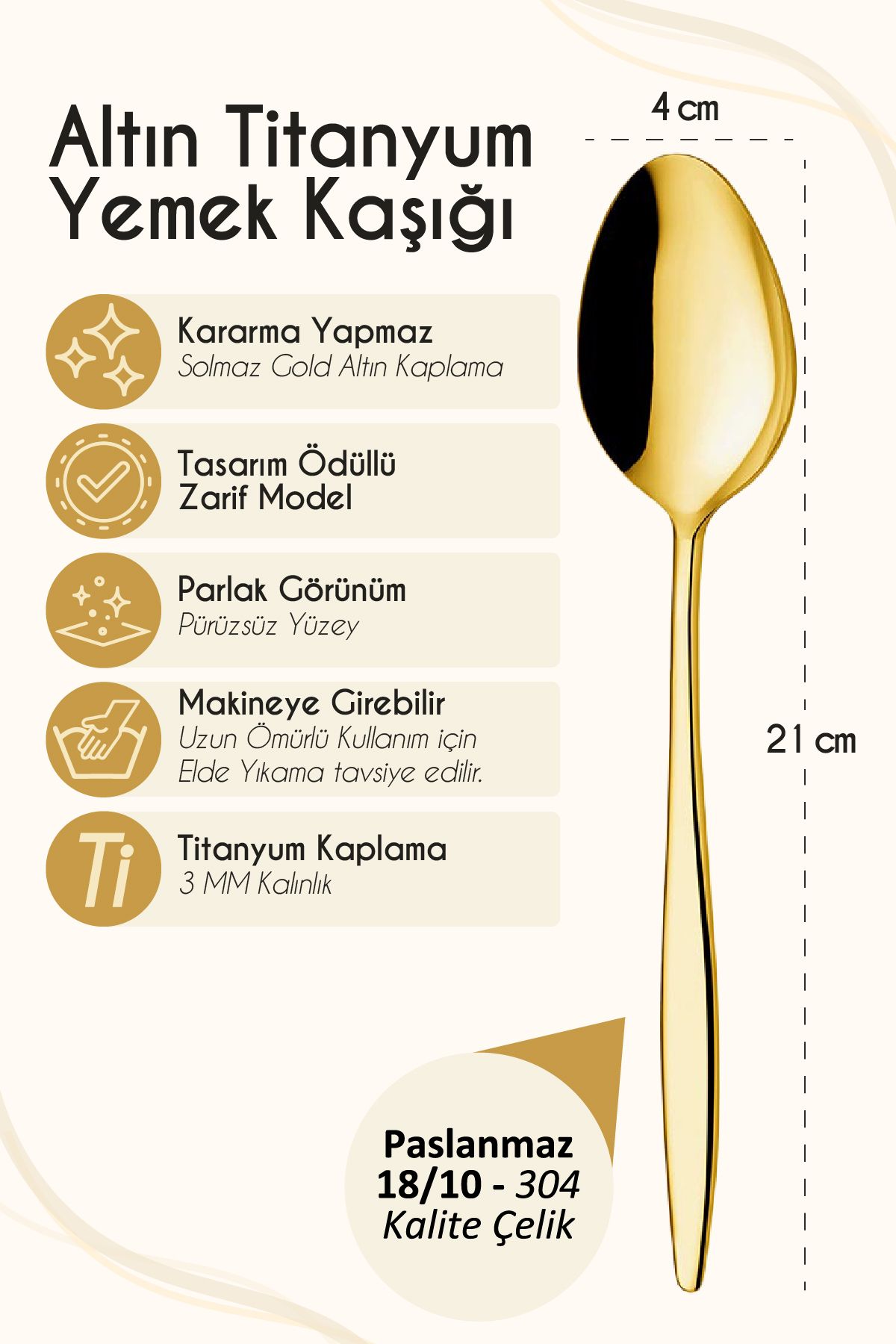 Ülgenev-Ülgenev 6 Pieces Gold Titanium Stainless 18/10 Steel Tablespoon 1