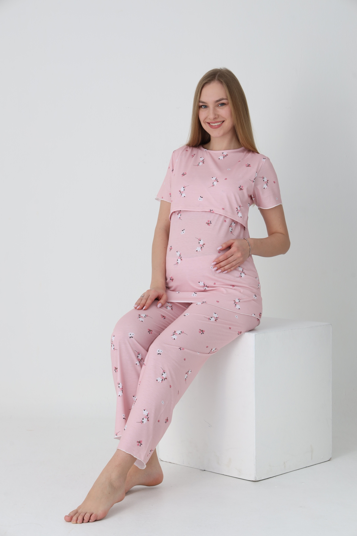 Miss Dünya Lissa Kısa Kol Ayarlanabilir Lastik Bel Detaylı Baskılı Hamile ve Lohusa Pijama Takımı fotoğrafı 2 (önizleme)