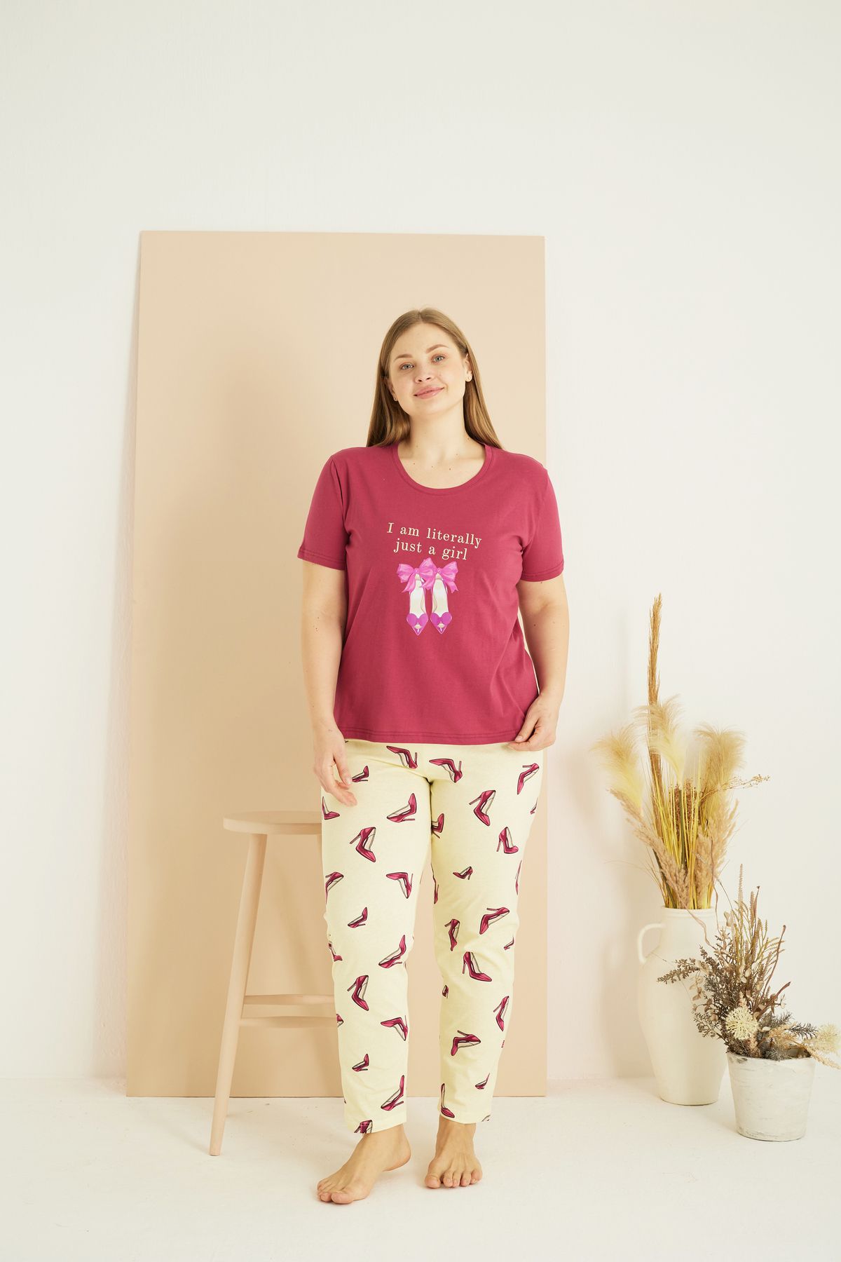 Siyah İnci-cseresznye színű mintás Curve Plus Size Battal Oversize pamut pizsama öltöny25103720 2