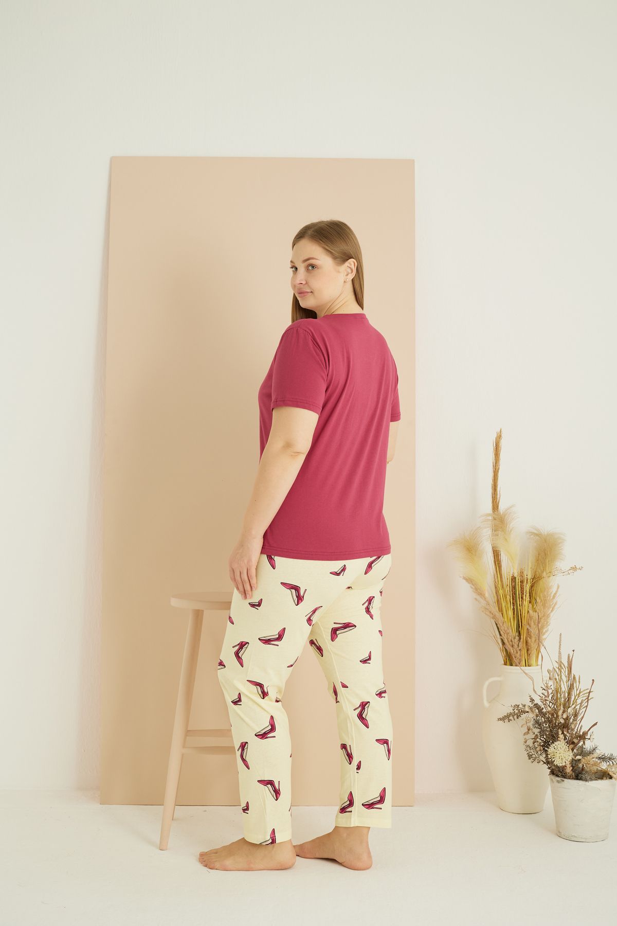 Siyah İnci-cseresznye színű mintás Curve Plus Size Battal Oversize pamut pizsama öltöny25103720 3