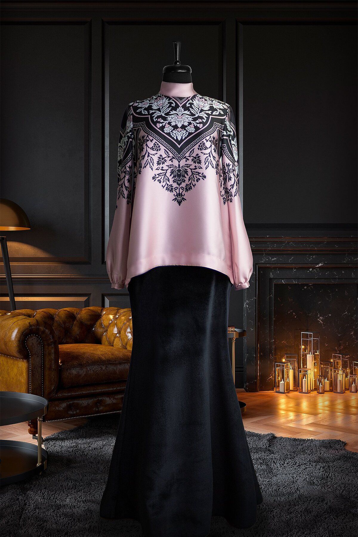 Muslima Wear Pembe Siyah Yaprak Desenli Ayarlanabilir Bilekli Jasmine Bluz