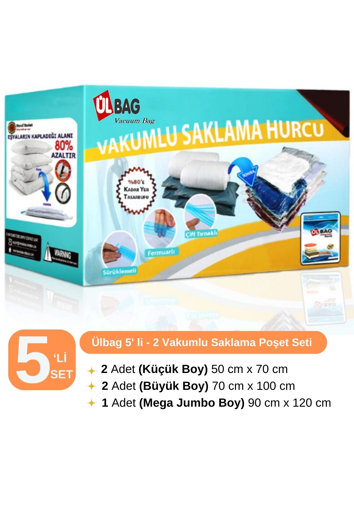 ÜLBAG Set De 5 Pungi De Depozitare În Vid - 2 Bucăți (2 Ad S 2 Ad L 1 Ad Xl) Saci De Depozitare În Vid - One Size
