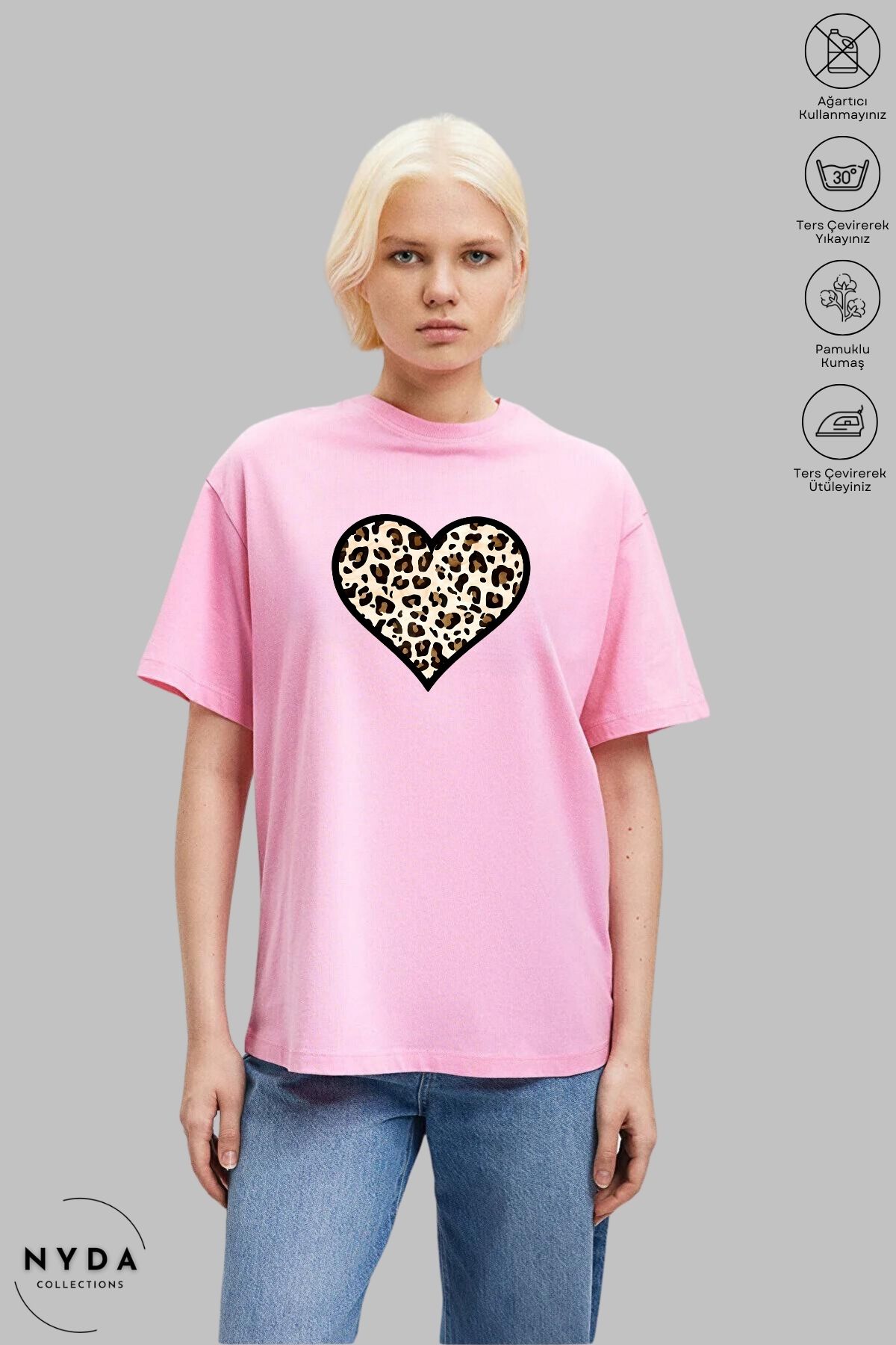 Nyda Collections-Women's Crew Neck Leopard Heart Printed Cotton Oversize Short Sleeve T-Shirt 1