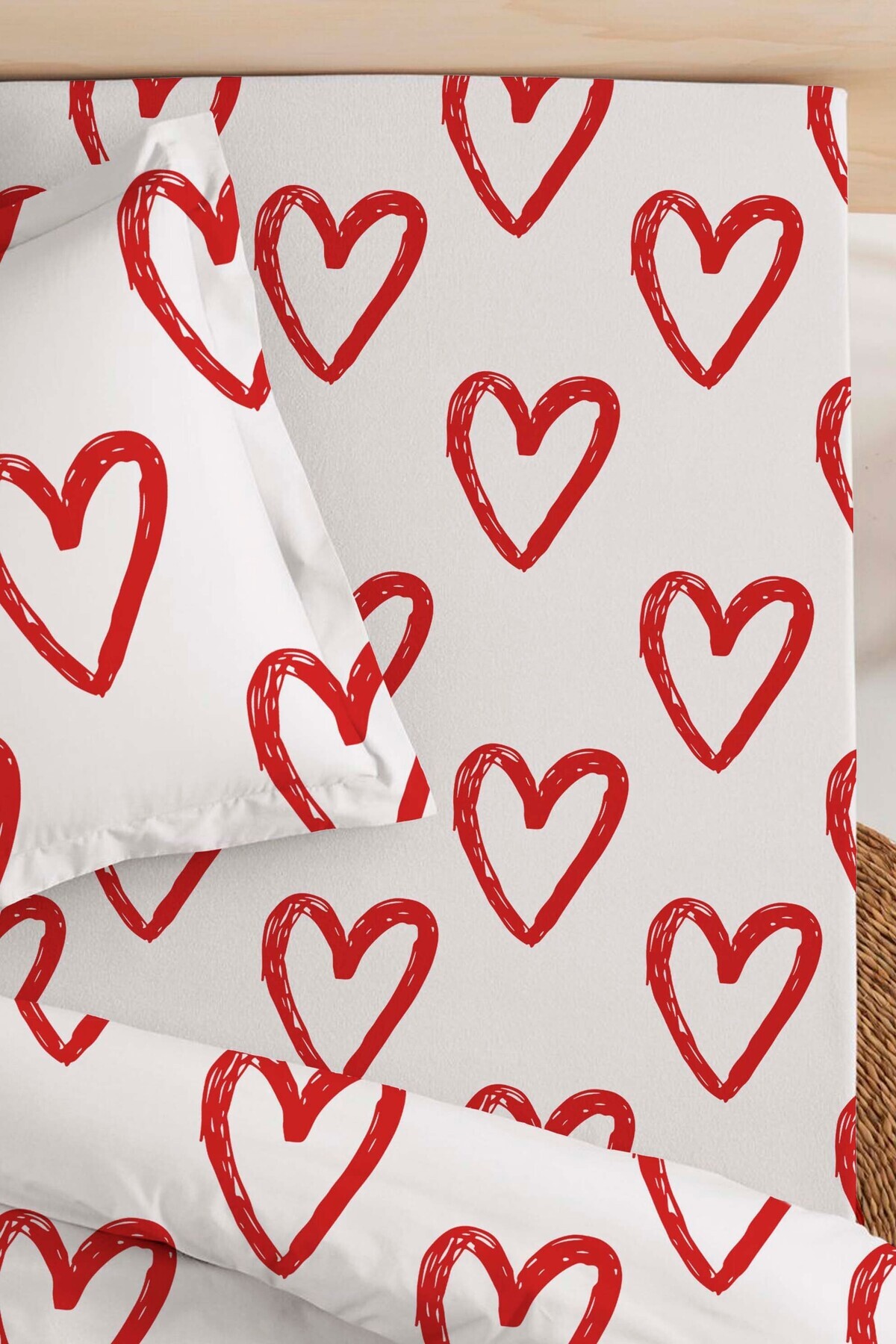 Rivaİstanbul-Double Bed Sheet Plaid Red Hearts Cotton 3