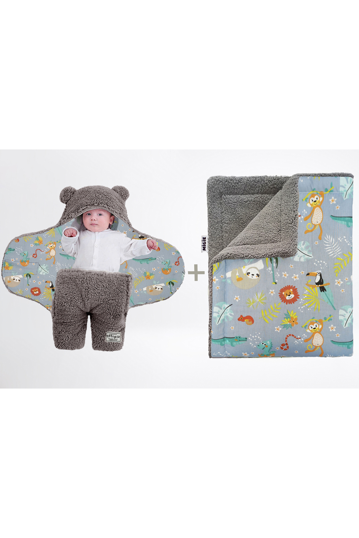 0-4 Months Baby Outer Swaddle and Blanket Set Wellsoft Grey (Forest Animals Pattern)