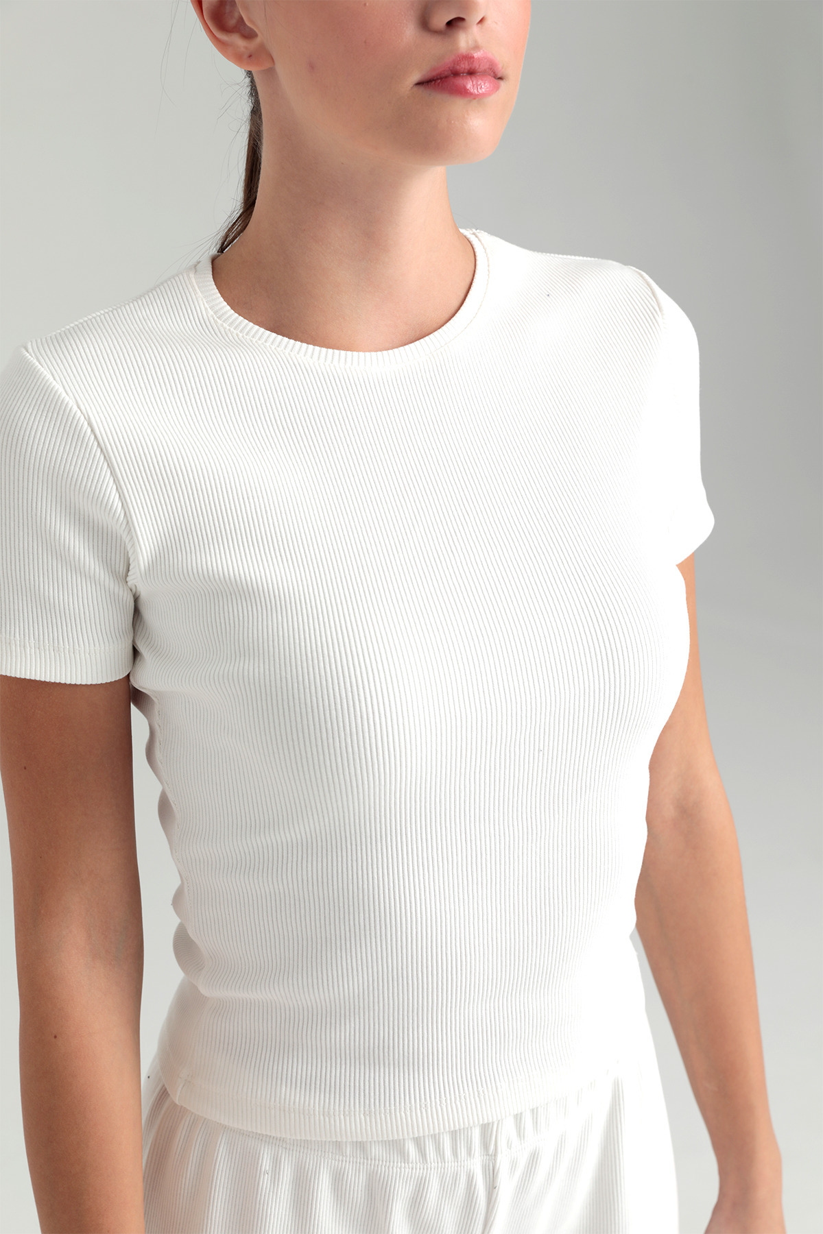 SHEISMONO-Soft Rib Round Neck Short Sleeve Blouse Ecru 3