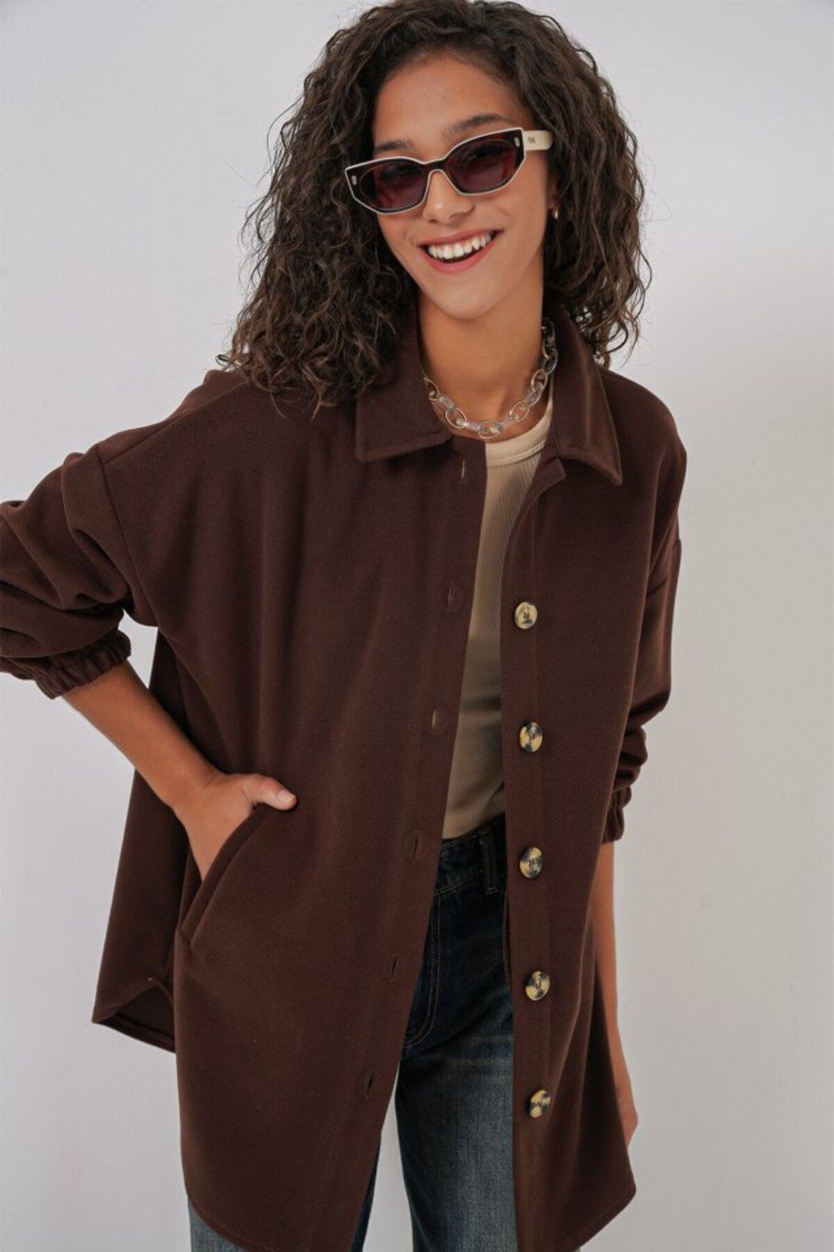 moda wanilia 0674 Cepli Oversize Gömlek - C. Kahverengi