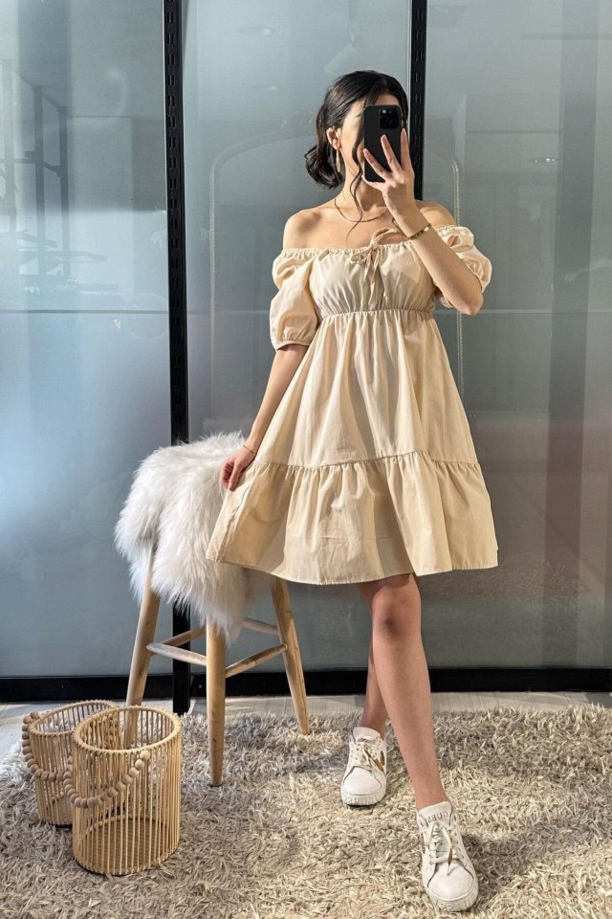 moda wanilia 2351 Kloş Poplin Elbise - Krem