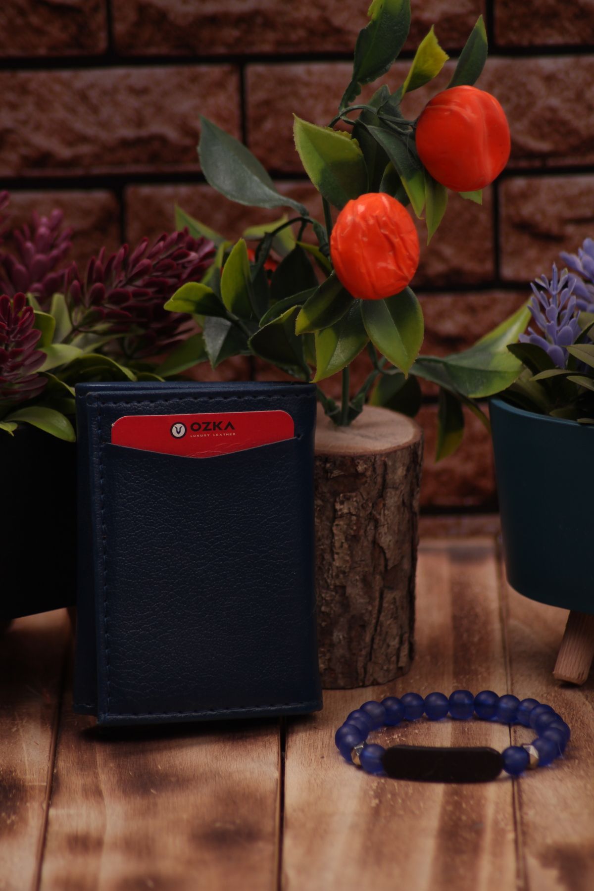 Ozka Leather Collection Suport Card Din Piele Cu Mecanism Automat - Brățară Albastră Cadou 3 Unisex - One Size