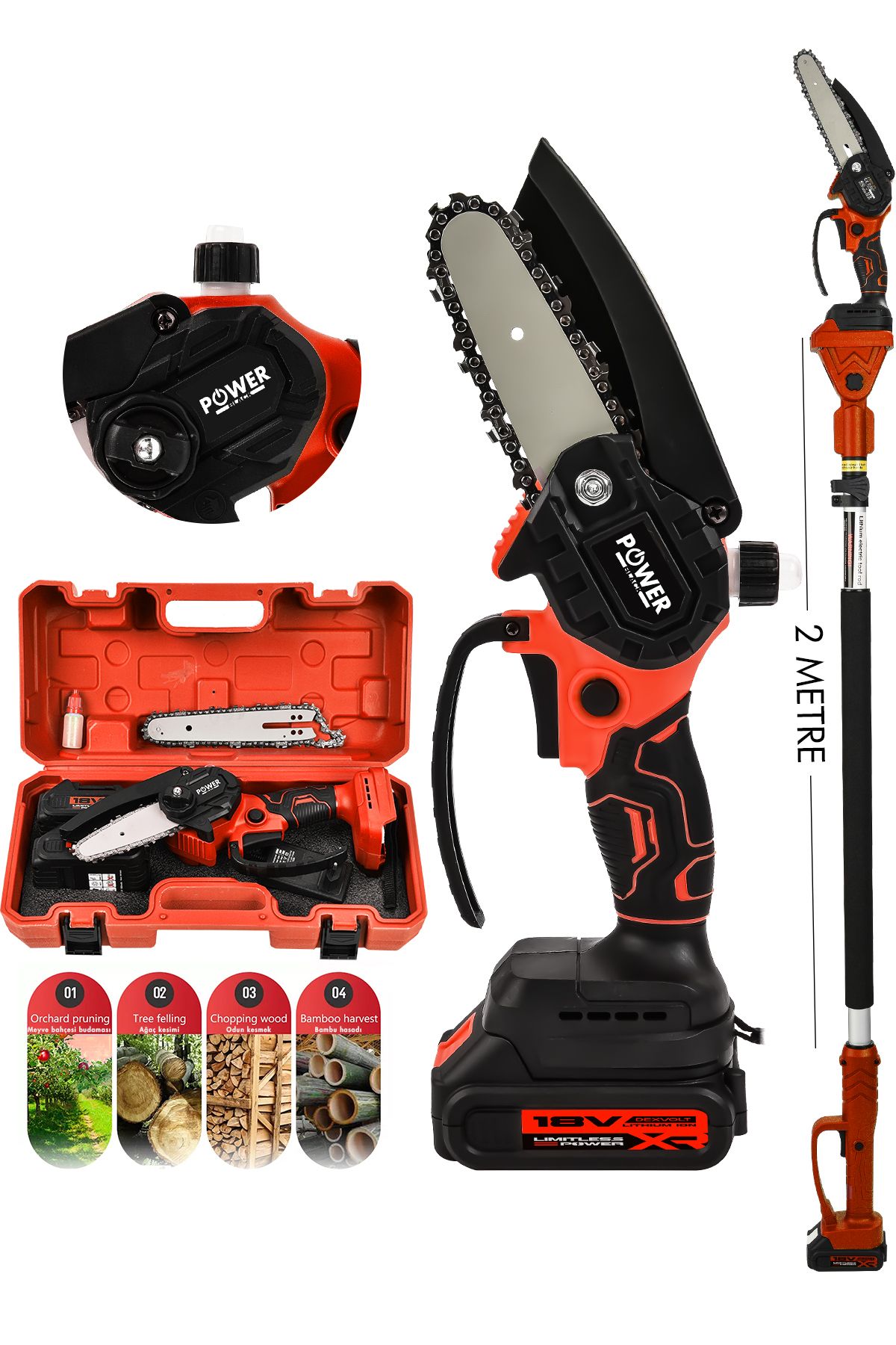 POWER BLACK Otomati̇k Yağlamali Yağ Hazneli̇ 2 Metre Set Testere Çi̇ft Pala Çi̇ft Zi̇nci̇r