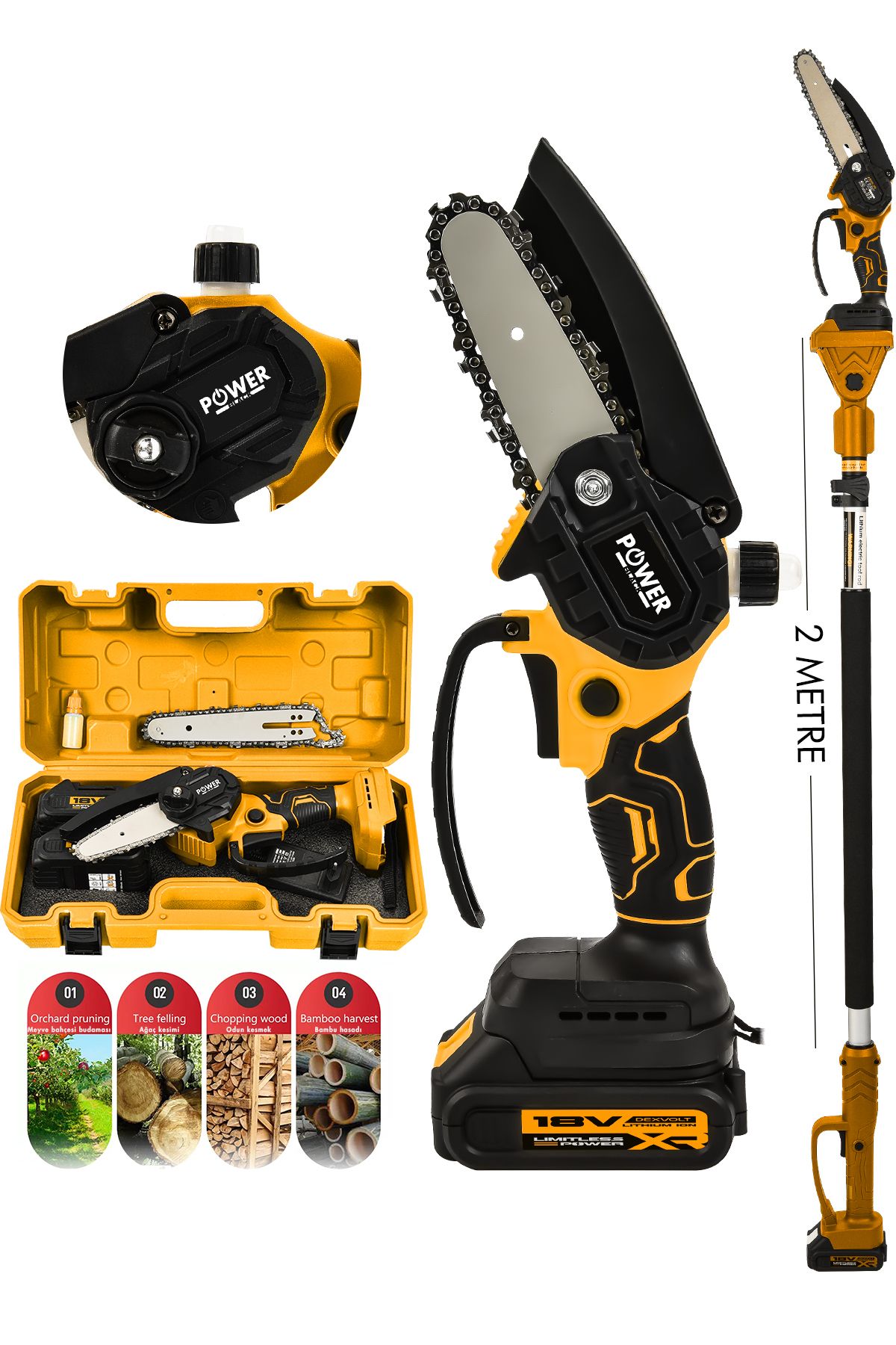 POWER BLACK OTOMATİK YAĞLAMALI YAĞ HAZNELİ 2 METRE TELESKOBİK SET TESTERE ÇİFT PALA ÇİFT ZİNCİR